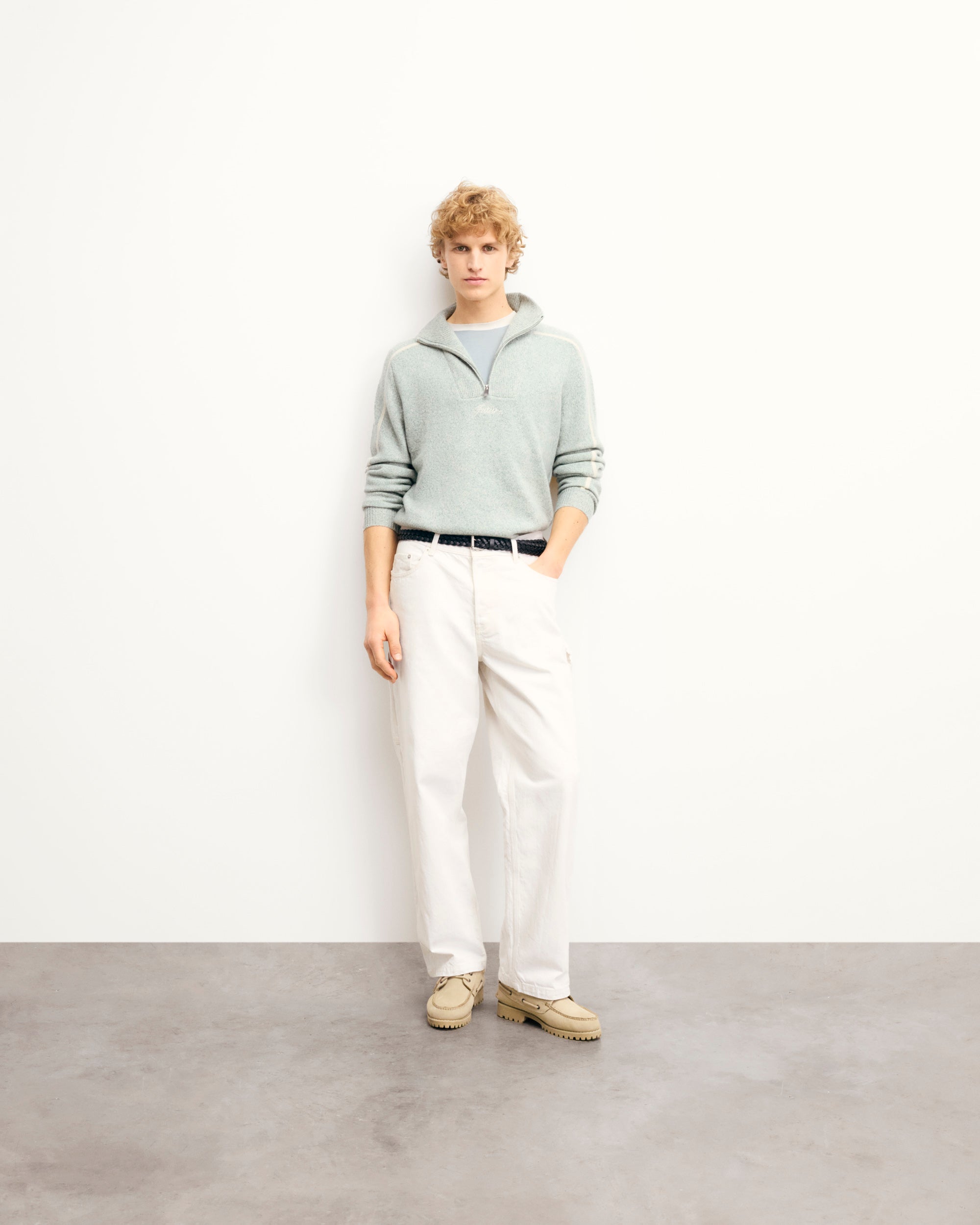 STORM GREEN MOULINE / NEW / QTY : 31 / Pull Col Camionneur Bicolore Zippé - Storm Green Mouline