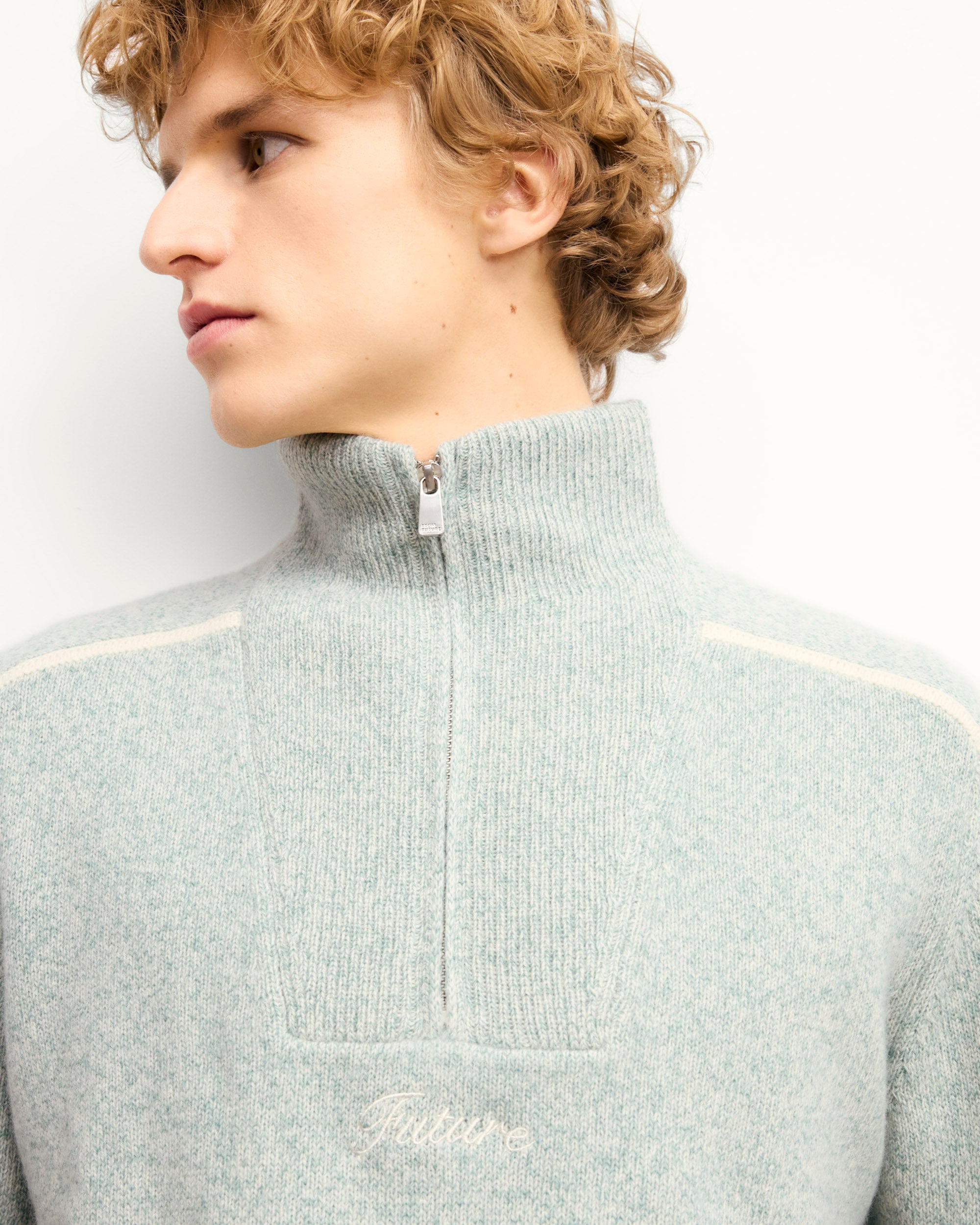 STORM GREEN MOULINE / NEW / QTY : 31 / Pull Col Camionneur Bicolore Zippé - Storm Green Mouline