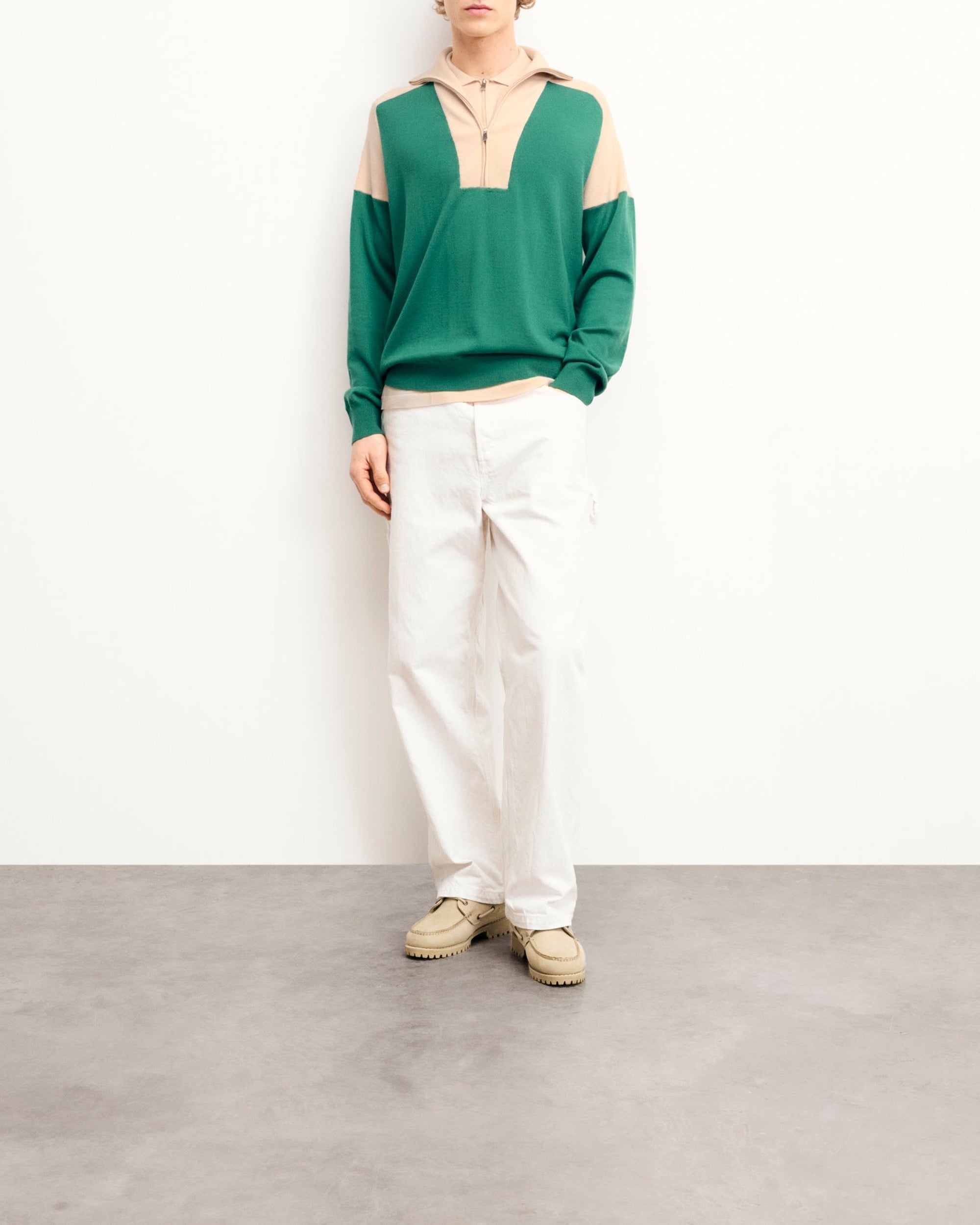 Pull à col camionneur bicolore en laine - Ocean Green
