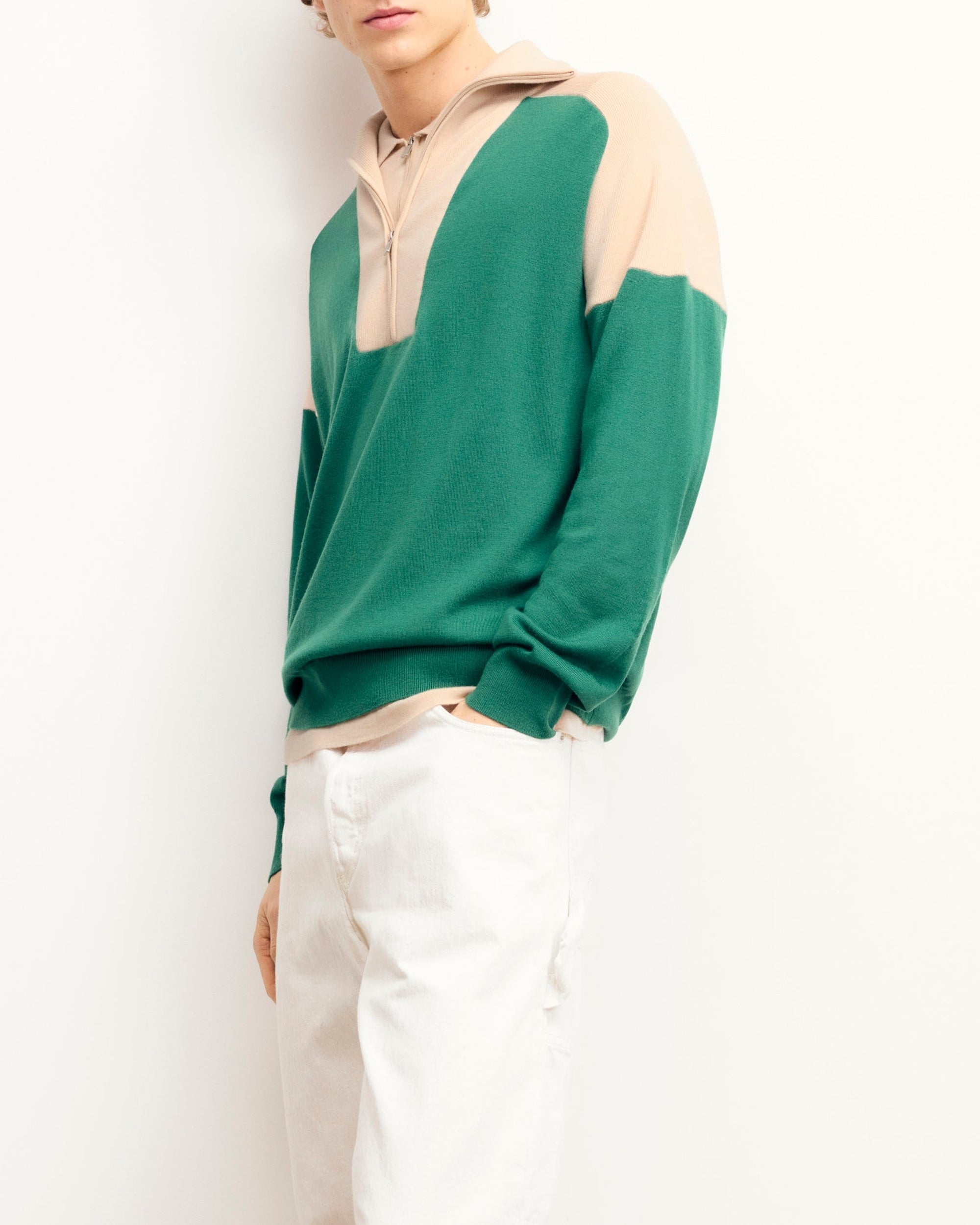 Pull à col camionneur bicolore en laine - Ocean Green