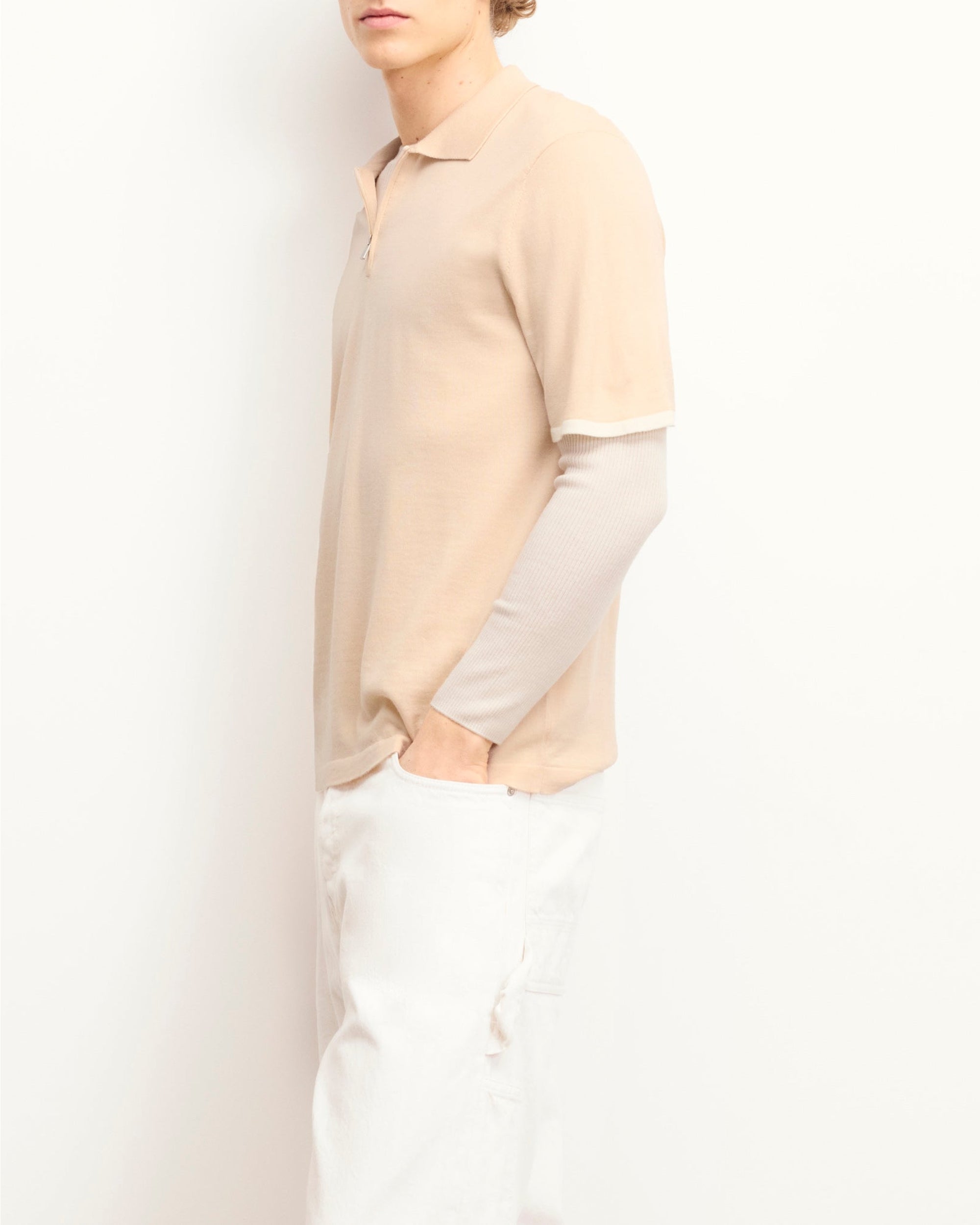 Pull à col polo zippé en laine - Light Beige