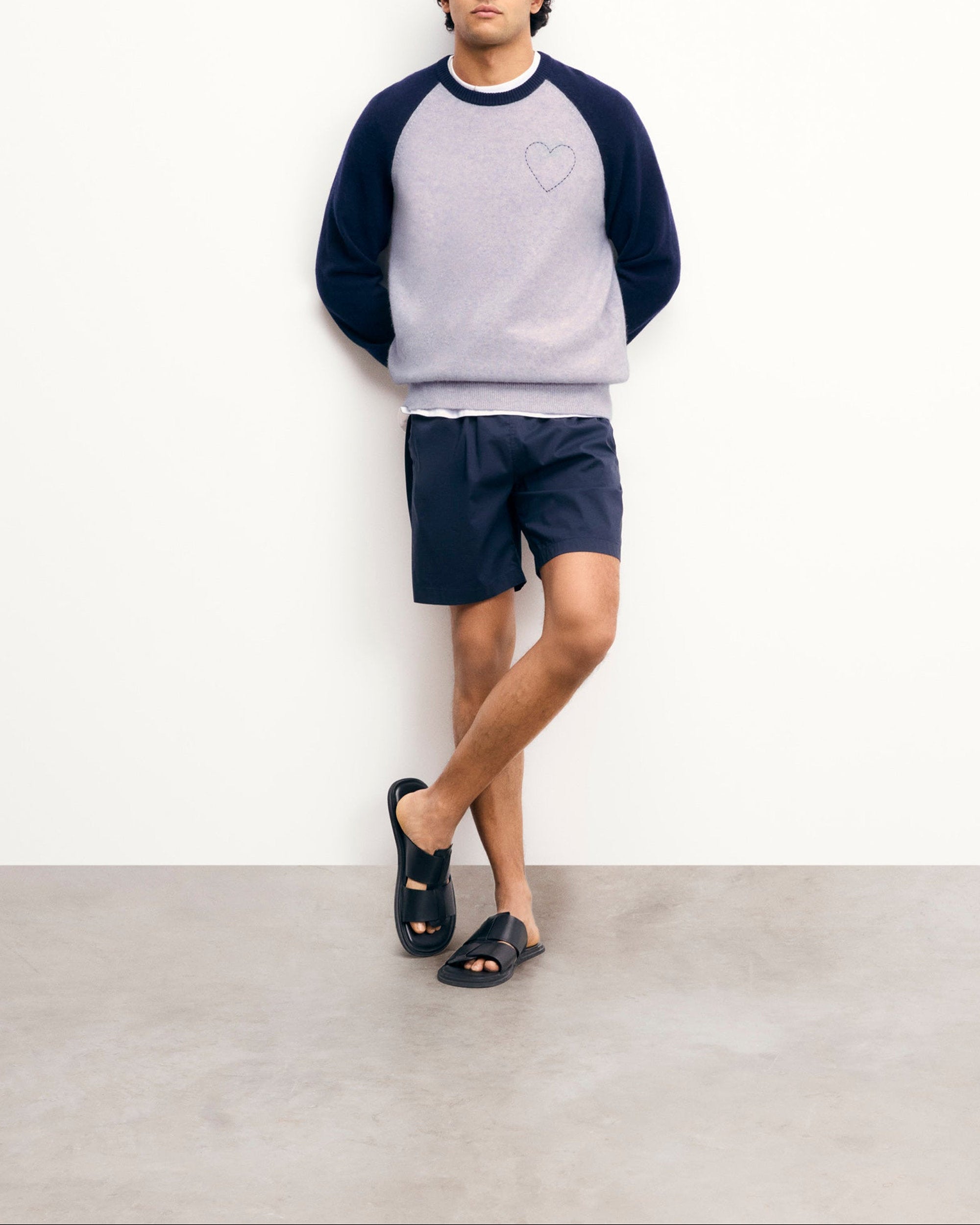 Pull à col rond bicolore Coeur brodé en cachemire - Gris Chiné Clair