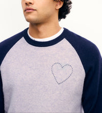 Pull à col rond bicolore Coeur brodé en cachemire - Gris Chiné Clair