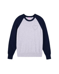 Pull à col rond bicolore Coeur brodé en cachemire - Gris Chiné Clair