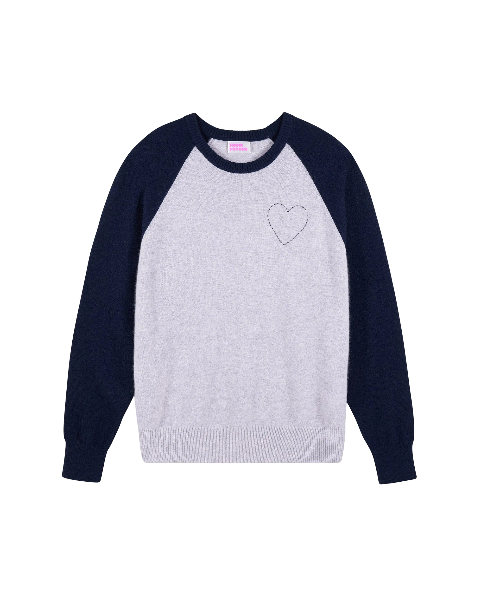 Pull à col rond bicolore Coeur brodé en cachemire - Gris Chiné Clair