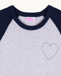 Pull à col rond bicolore Coeur brodé en cachemire - Gris Chiné Clair