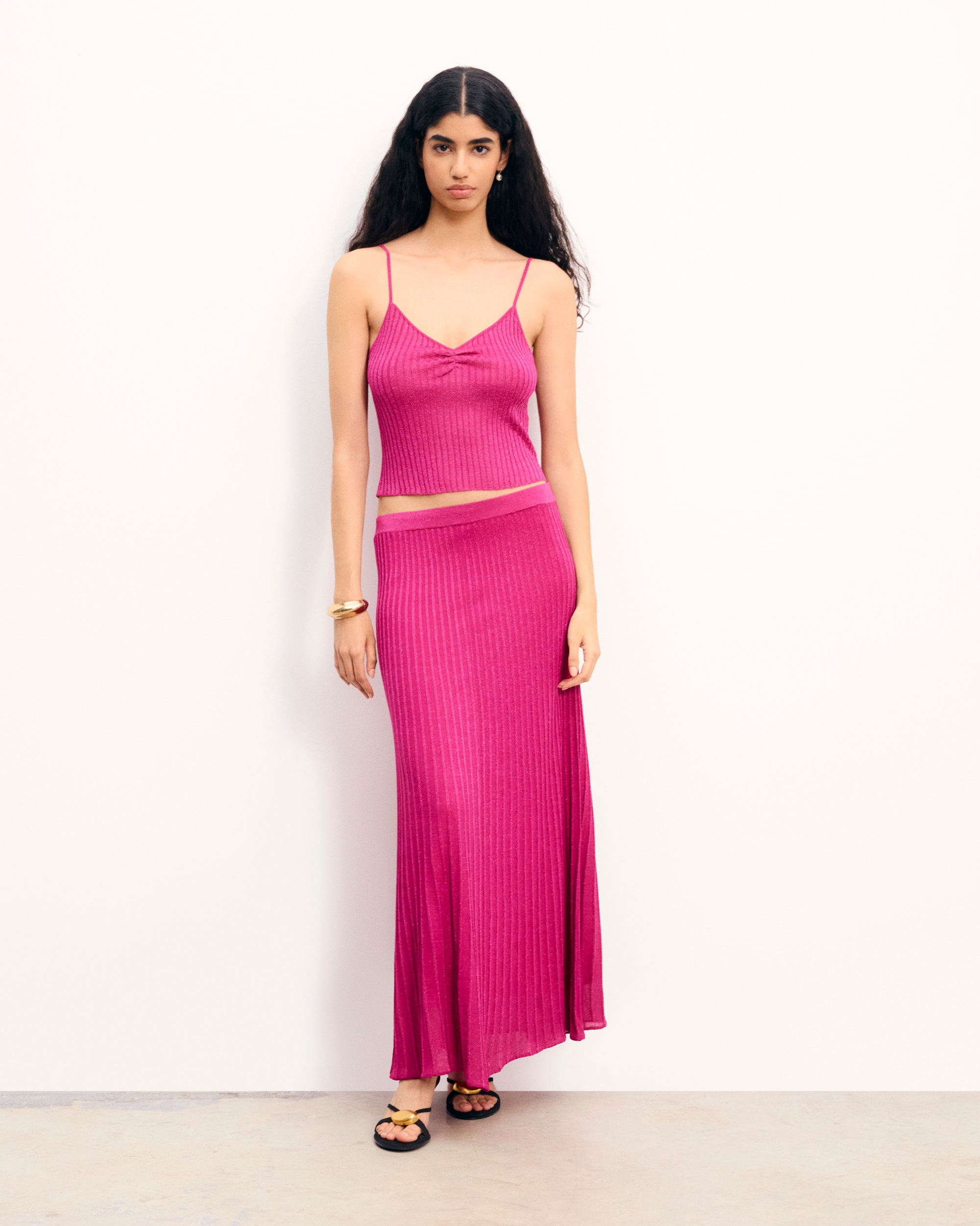 SHINY PINK / NEW / QTY : 48 / Jupe Mi Longue Lurex - Shiny Pink