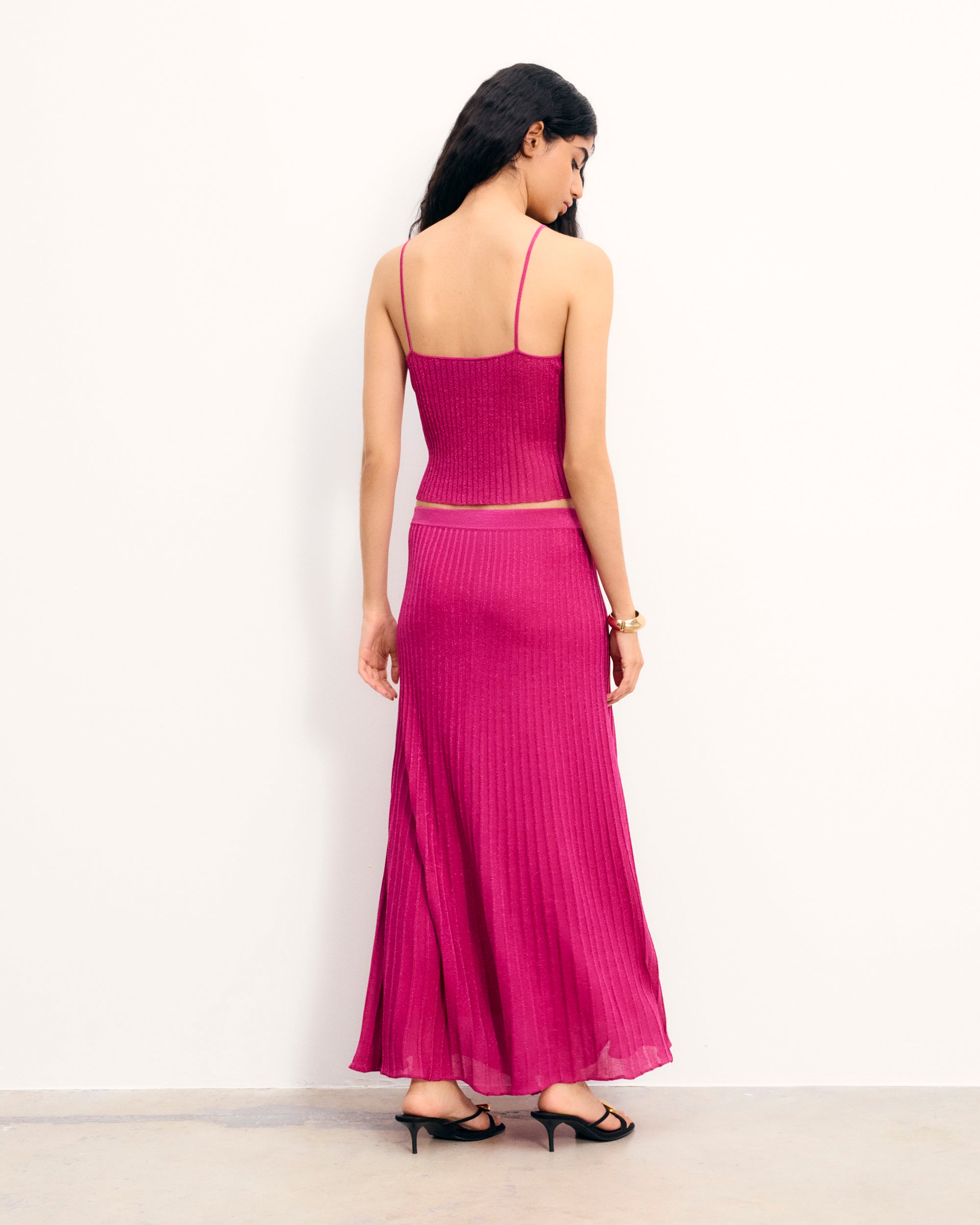 SHINY PINK / NEW / QTY : 48 / Jupe Mi Longue Lurex - Shiny Pink