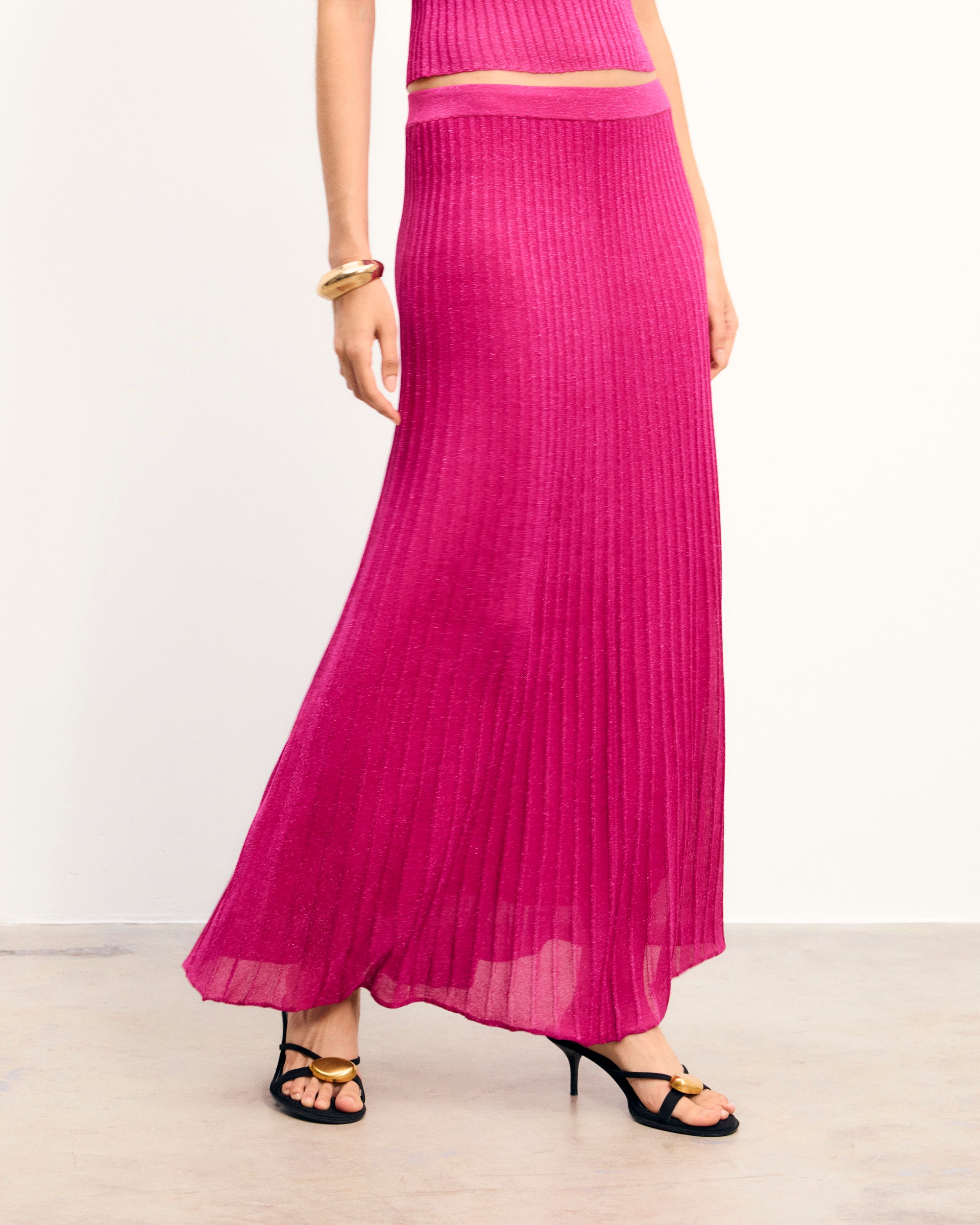 SHINY PINK / NEW / QTY : 48 / Jupe Mi Longue Lurex - Shiny Pink
