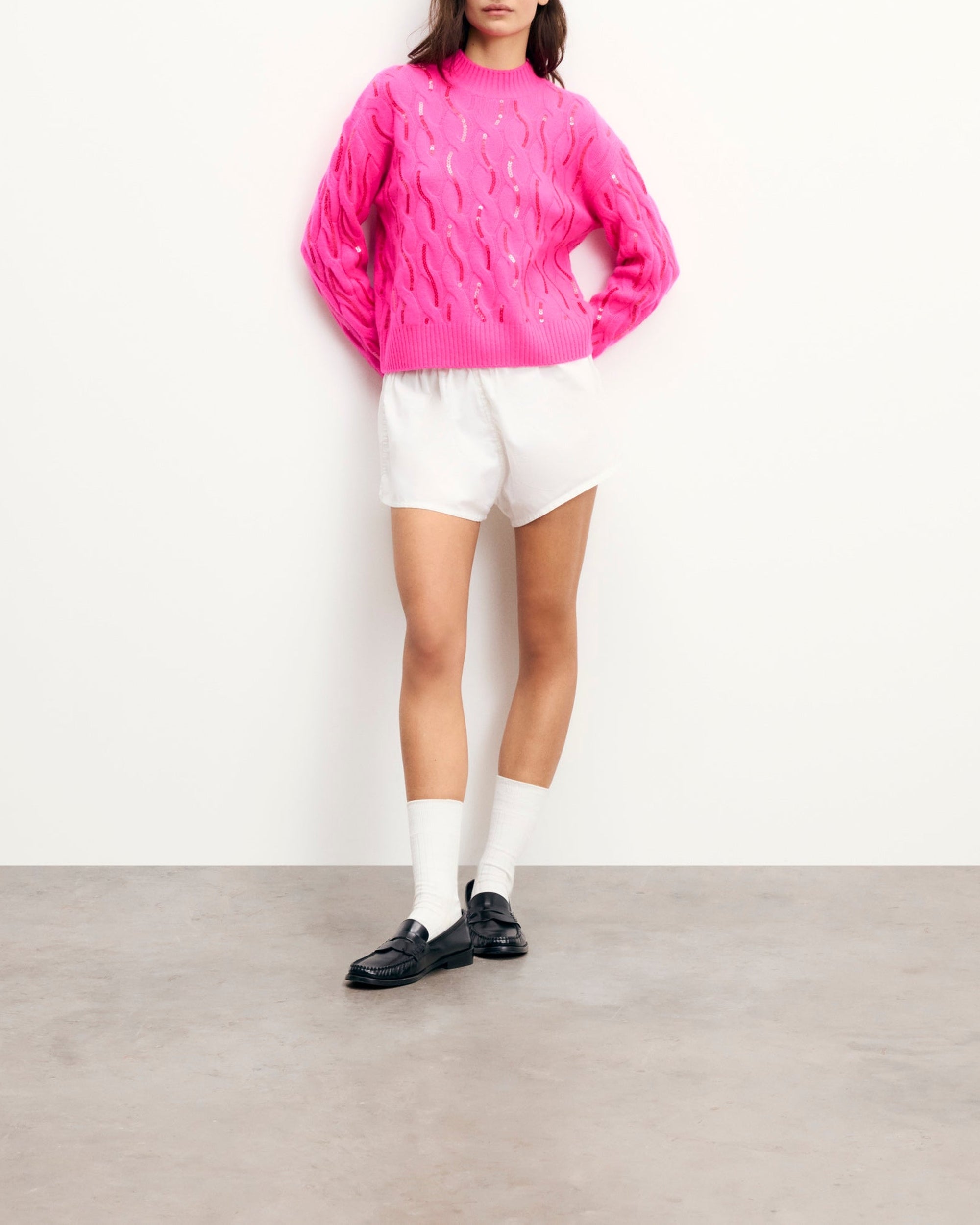 Cashmere rhinestone stand-up collar jumper - Passion Pink