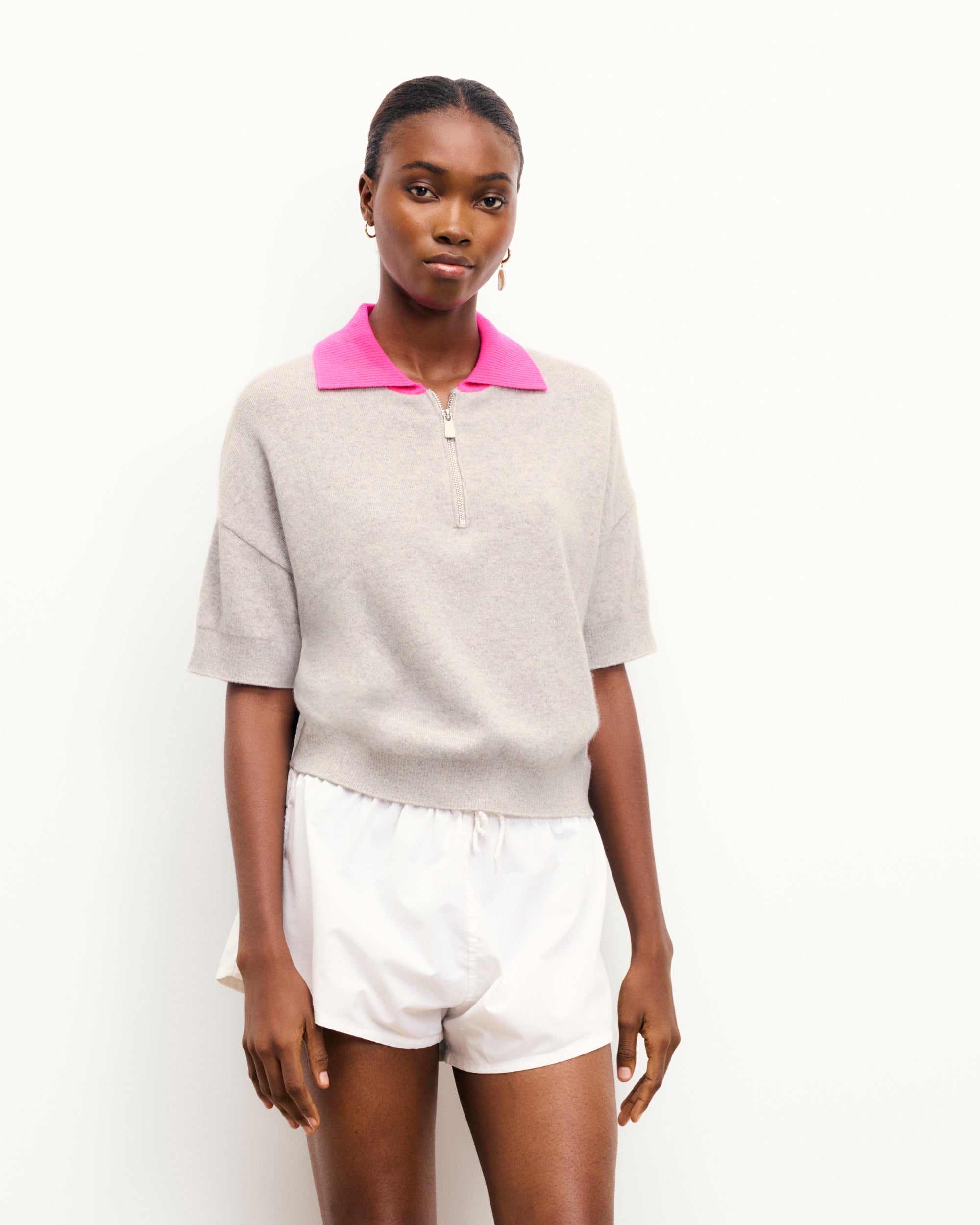 GRIS CHINE CLAIR / NEW / QTY : 36 / Pull Col Polo Manches Courtes Bicolore - Gris Chine Clair