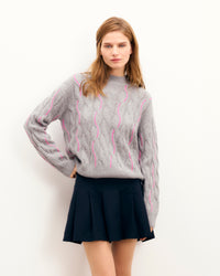 GRIS CHINE FONCE / NEW / QTY : 81 / Pull Col Rond Torsades Et Fil Contraste - Gris Chine Fonce