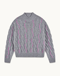 GRIS CHINE FONCE / NEW / QTY : 81 / Pull Col Rond Torsades Et Fil Contraste - Gris Chine Fonce