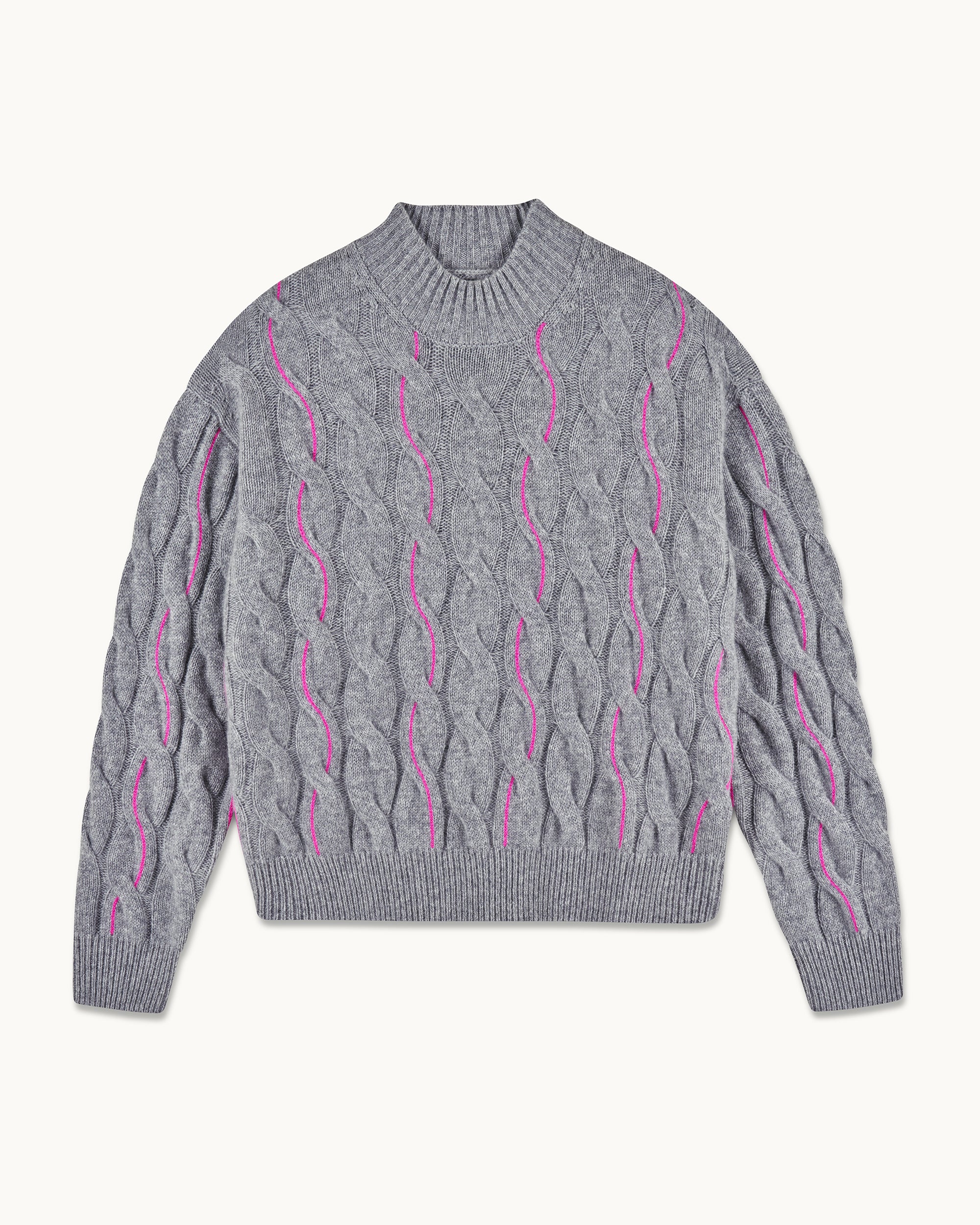 GRIS CHINE FONCE / NEW / QTY : 81 / Pull Col Rond Torsades Et Fil Contraste - Gris Chine Fonce