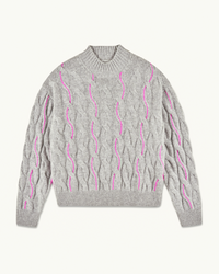 GRIS CHINE FONCE / NEW / QTY : 81 / Pull Col Rond Torsades Et Fil Contraste - Gris Chine Fonce