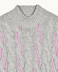 GRIS CHINE FONCE / NEW / QTY : 81 / Pull Col Rond Torsades Et Fil Contraste - Gris Chine Fonce