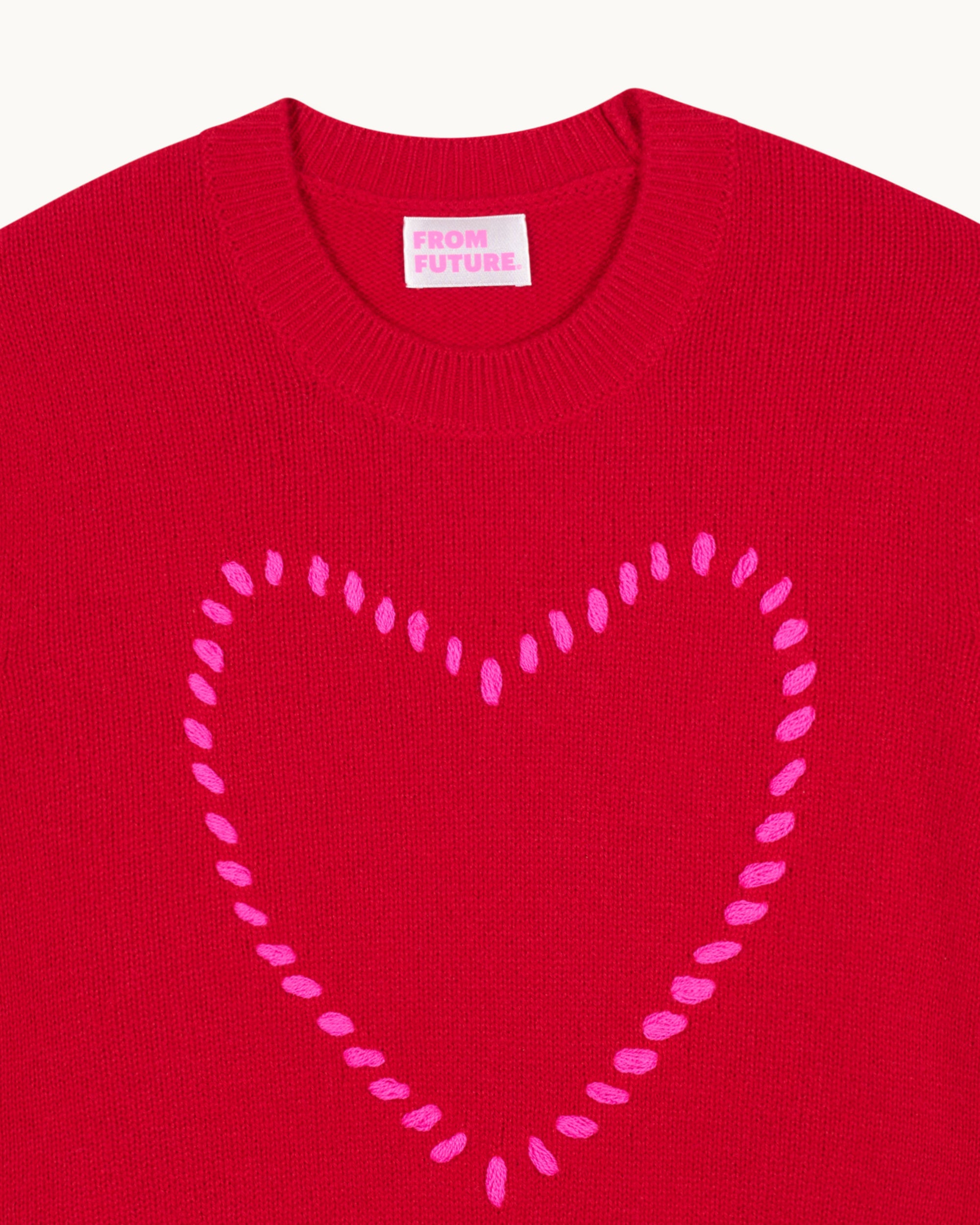 Pull à col rond Cœur brodé en cachemire - Passion Red