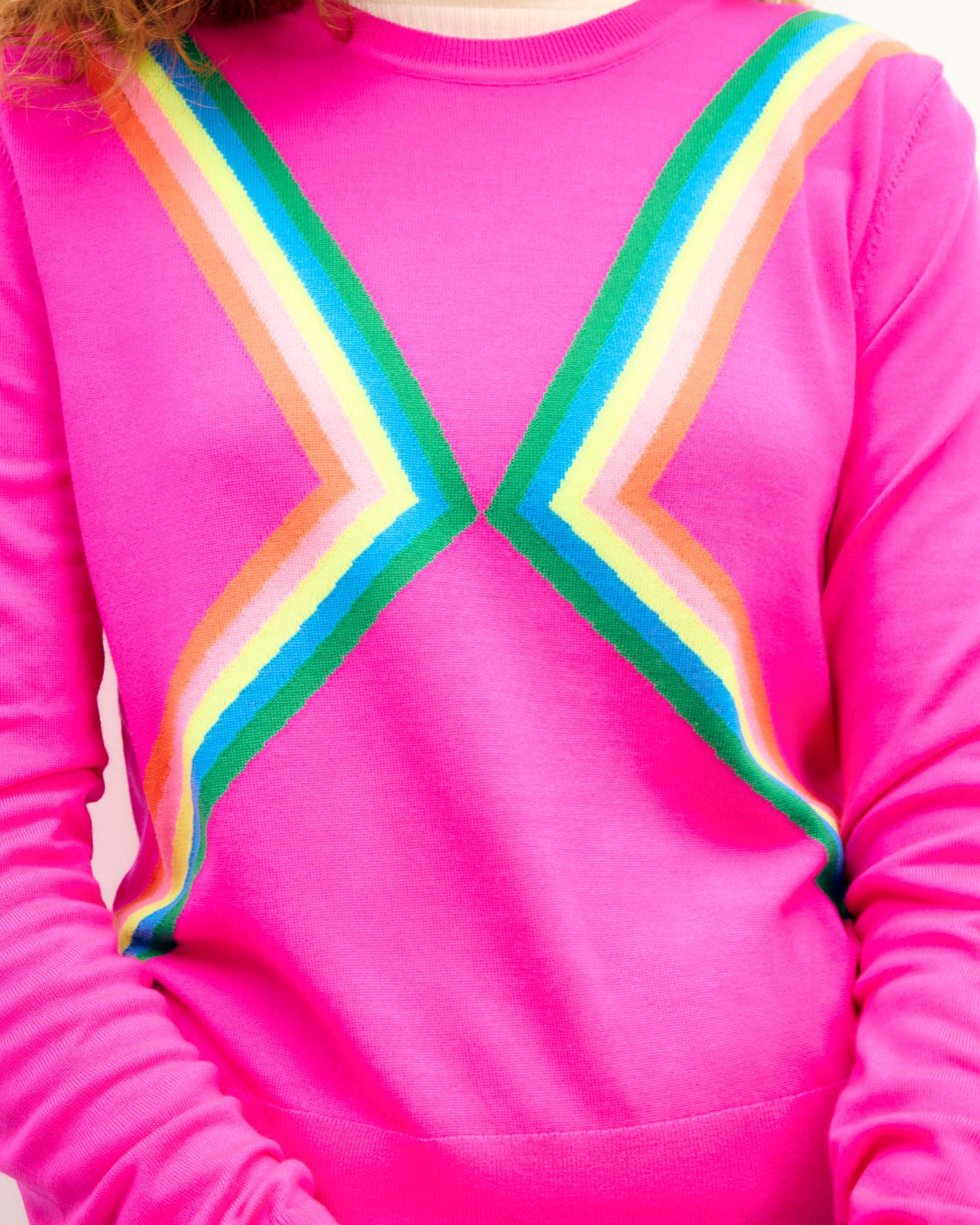 Pull à col rond bandes multicolores en laine - Passion Pink