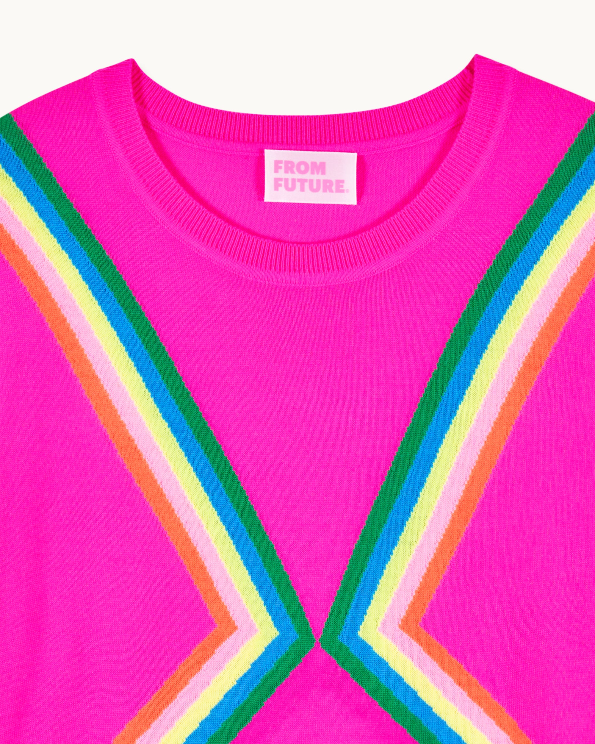Pull à col rond bandes multicolores en laine - Passion Pink