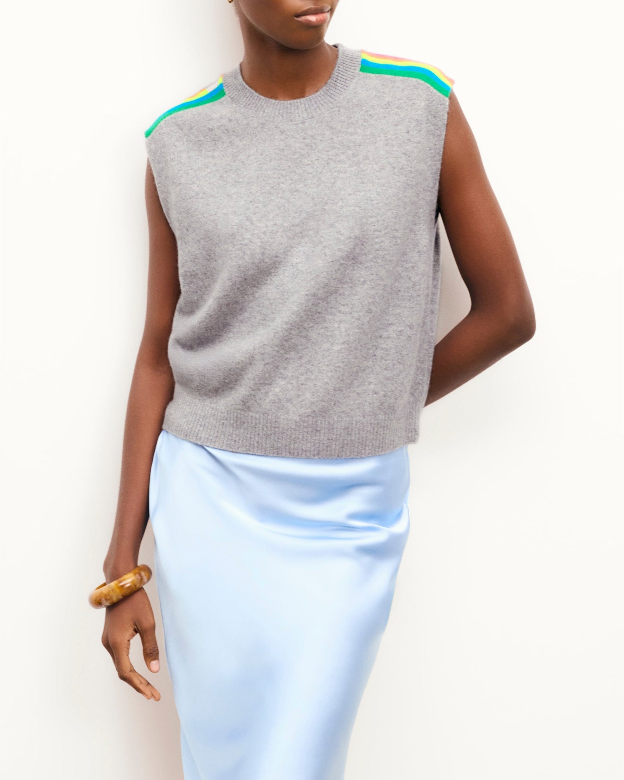 Pull sans manches multicolore en cachemire - Gris Chiné Foncé
