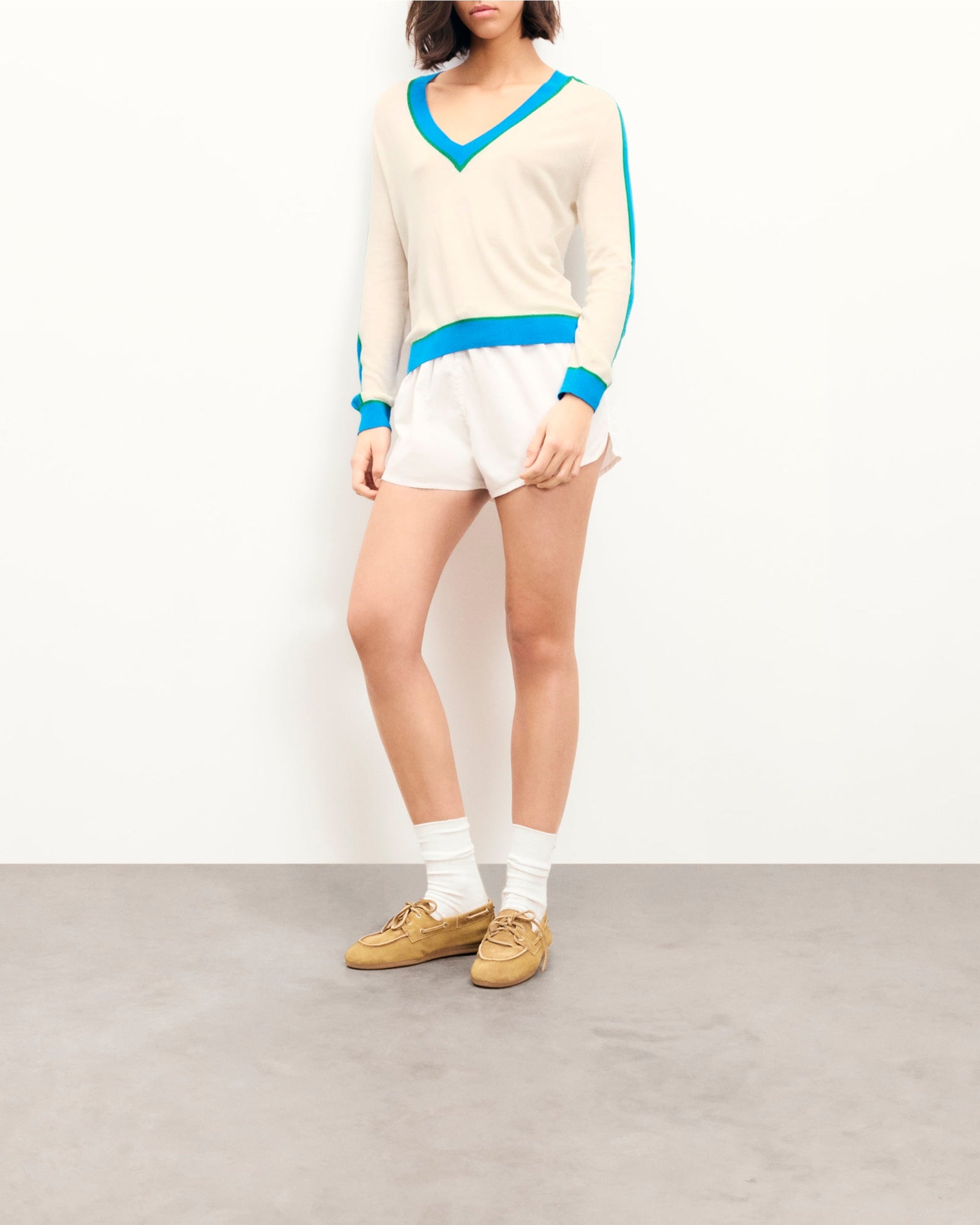 Pull à col V en laine - Ecru