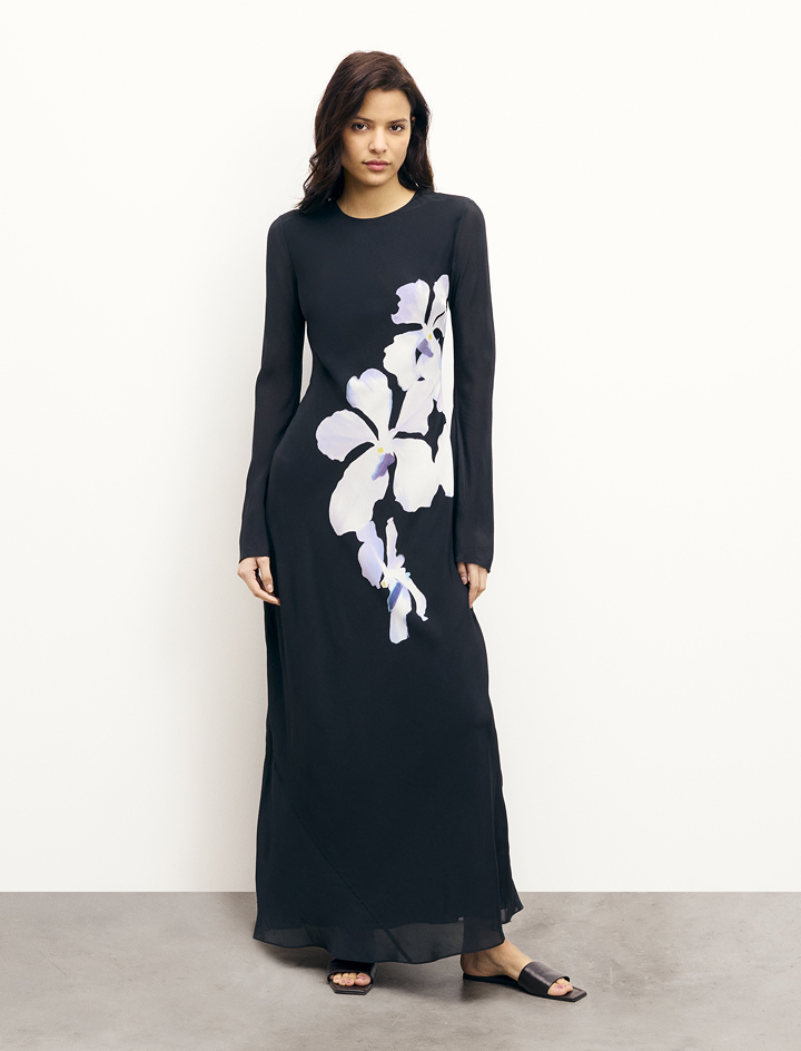 BIG BLACK ORCHID / NEW / QTY : 57 / Robe Longue Manches Longues Marlow - Big Black Orchid