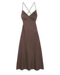 Robe longue à bretelles Arielle en lin - Chocolat