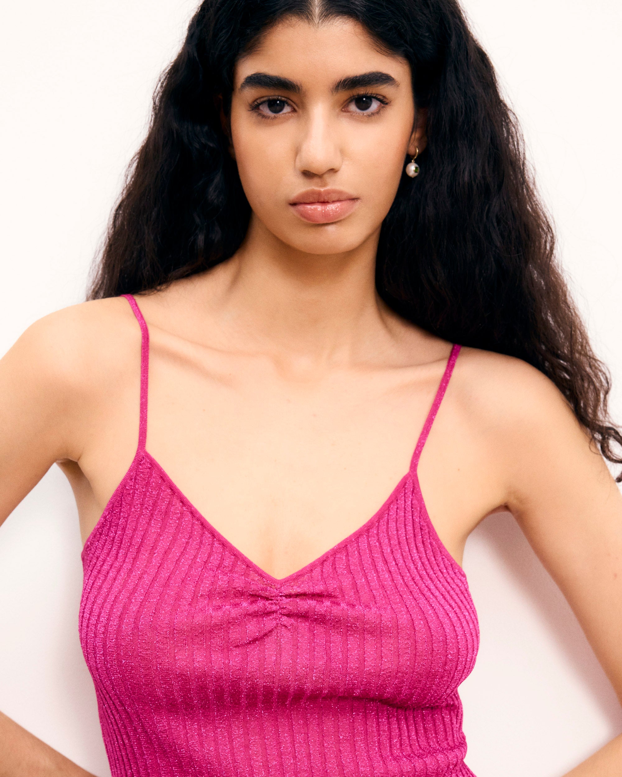 SHINY PINK / NEW / QTY : 23 / Top Bretelles Lurex - Shiny Pink