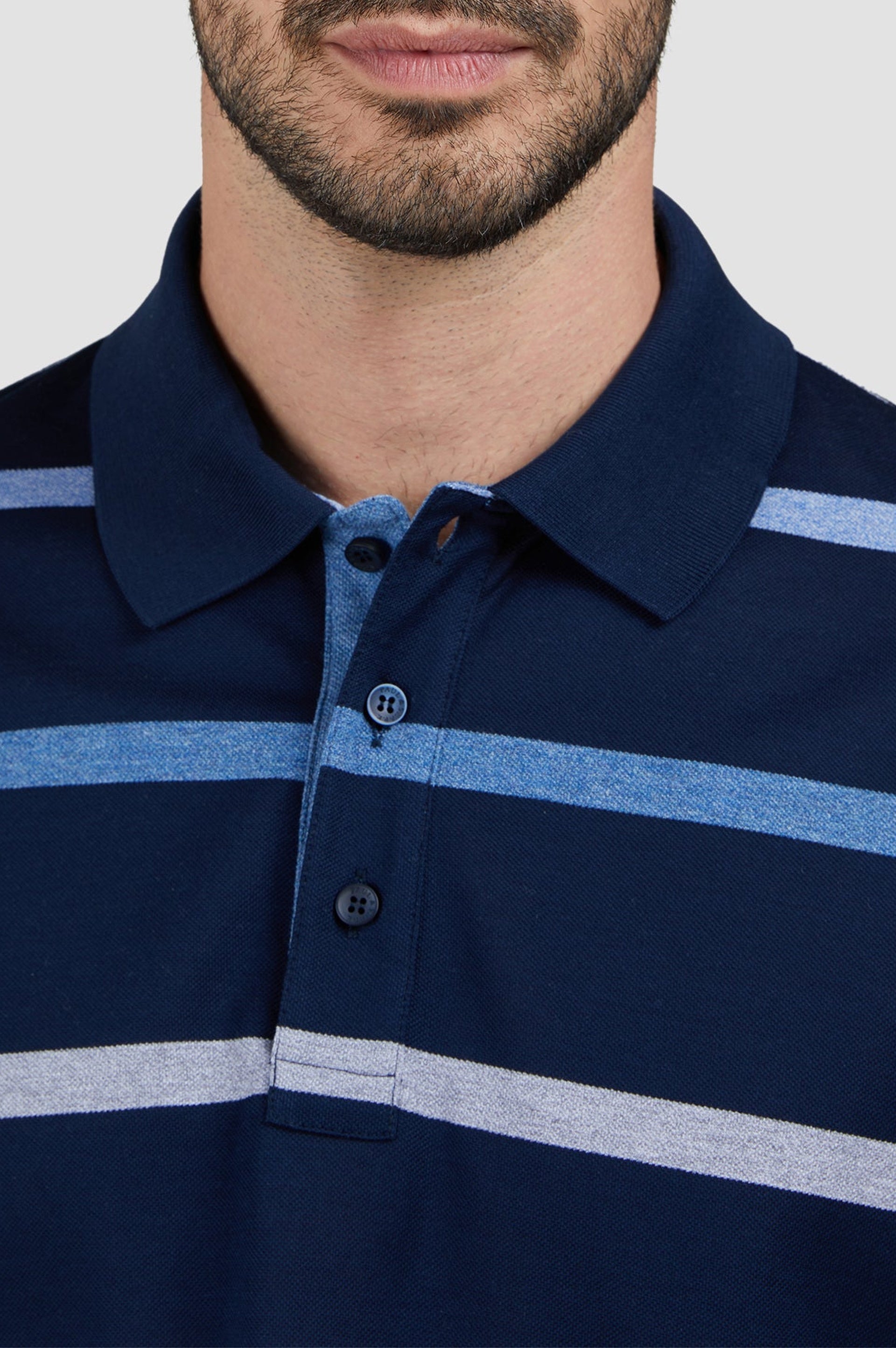 Striped button-up polo shirt - Grey-blue & Light blue