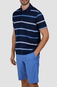 Striped button-up polo shirt - Grey-blue & Light blue