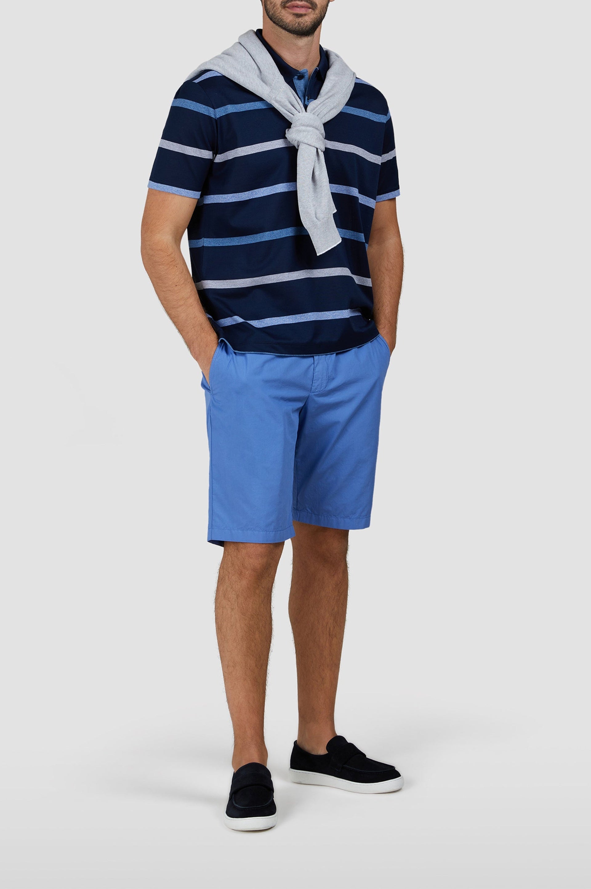 Striped button-up polo shirt - Grey-blue & Light blue