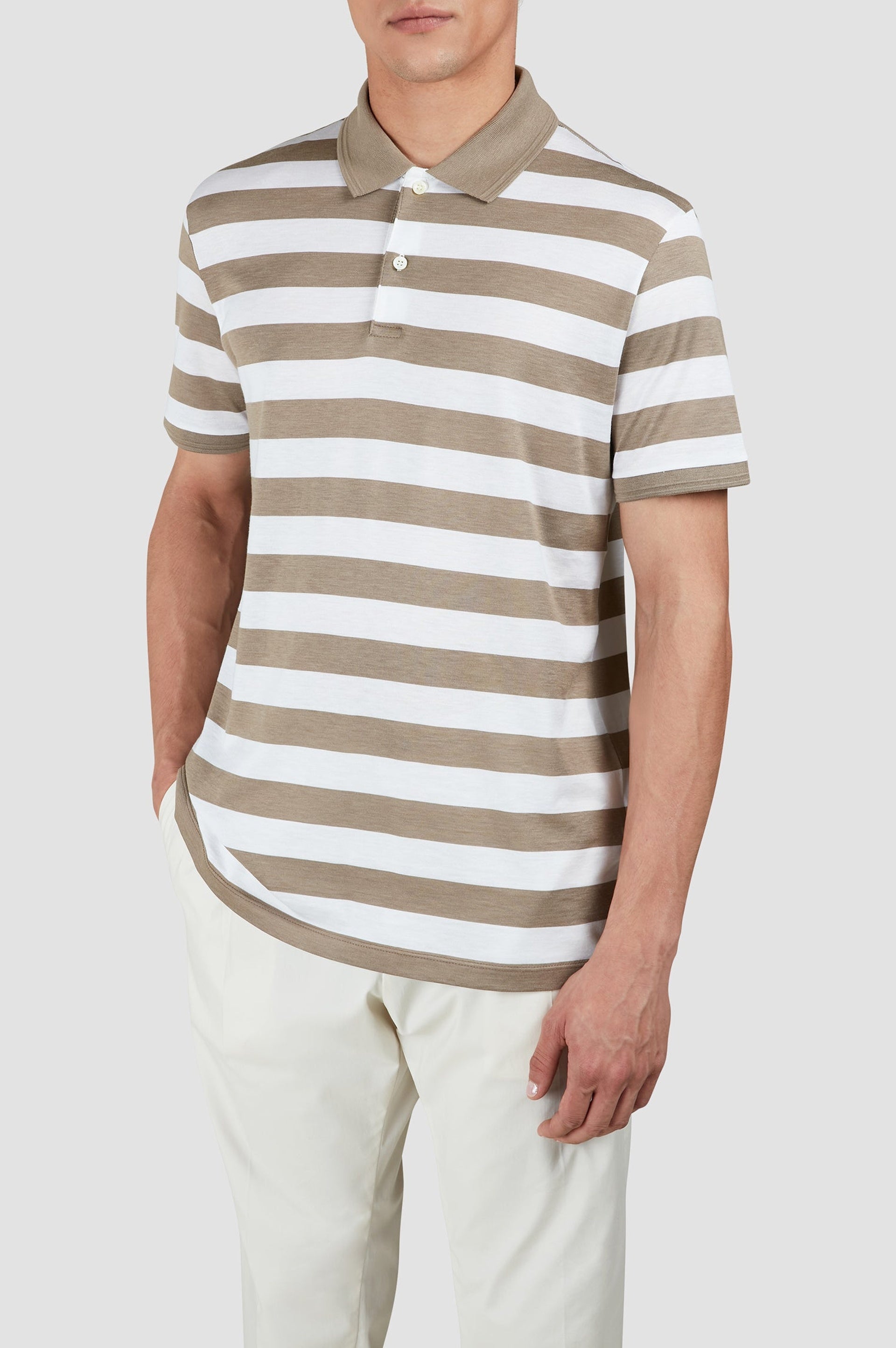 Button-down silk polo shirt - Beige & White
