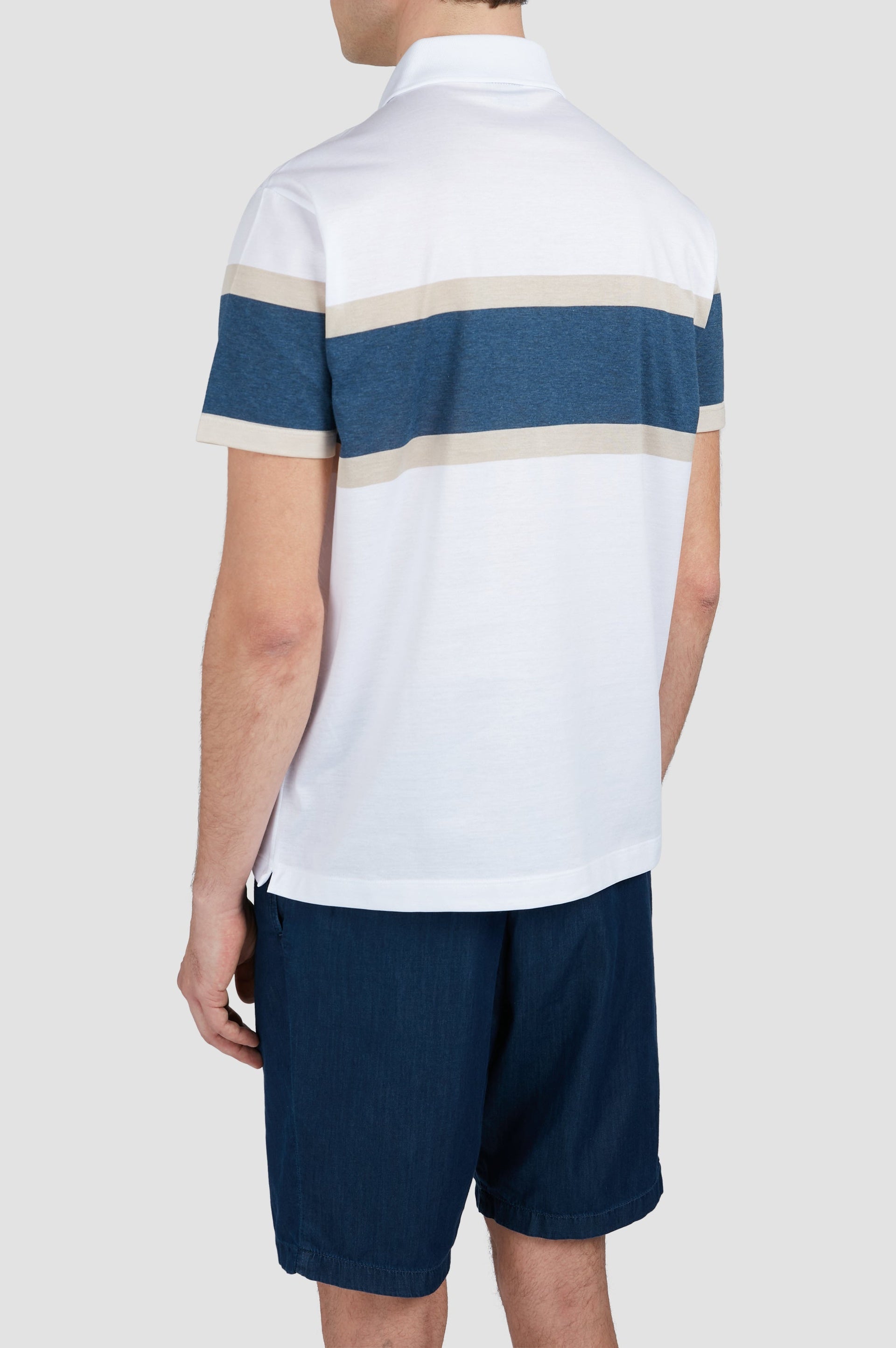 Striped button-up polo shirt - White, Beige & Air Force Blue