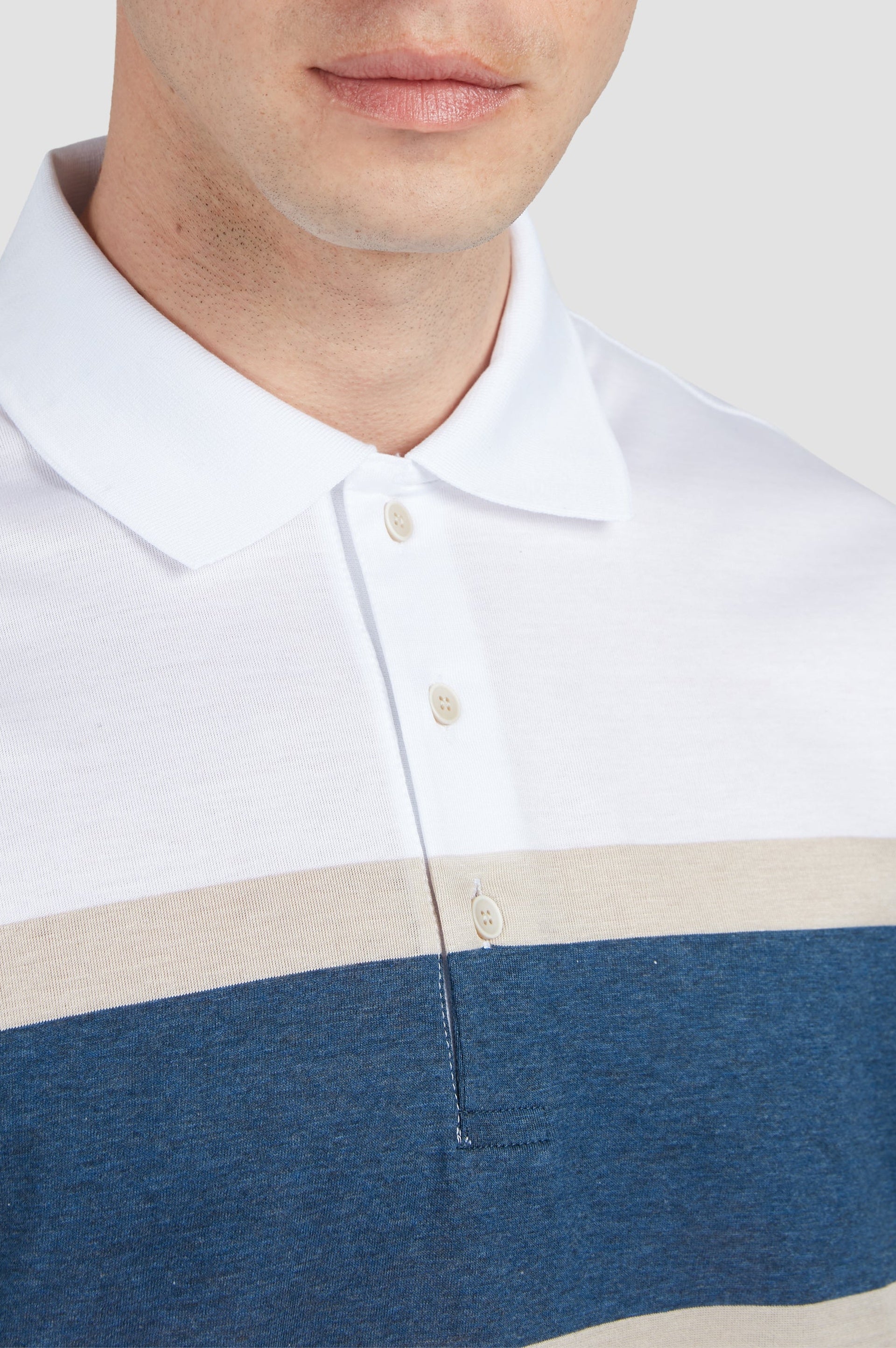 Striped button-up polo shirt - White, Beige & Air Force Blue