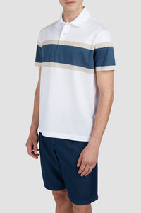 Striped button-up polo shirt - White, Beige & Air Force Blue
