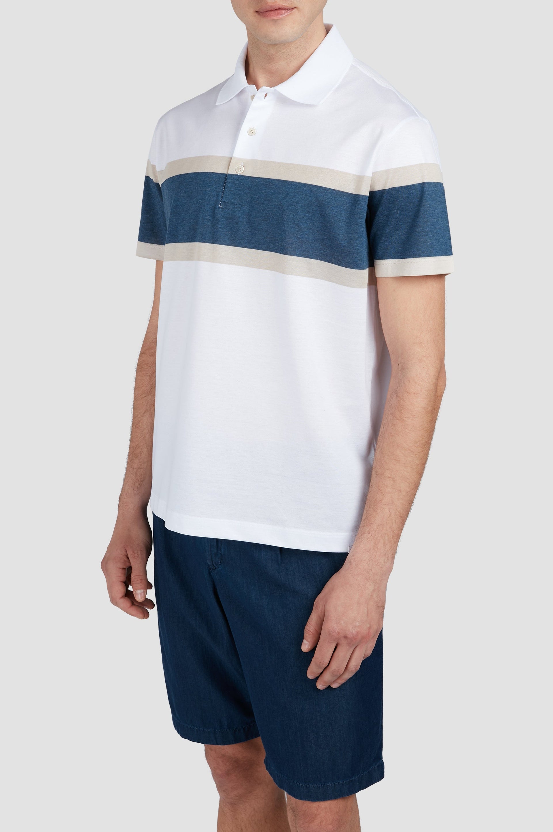 Striped button-up polo shirt - White, Beige & Air Force Blue