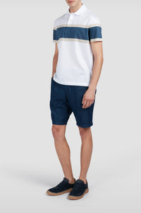 Striped button-up polo shirt - White, Beige & Air Force Blue