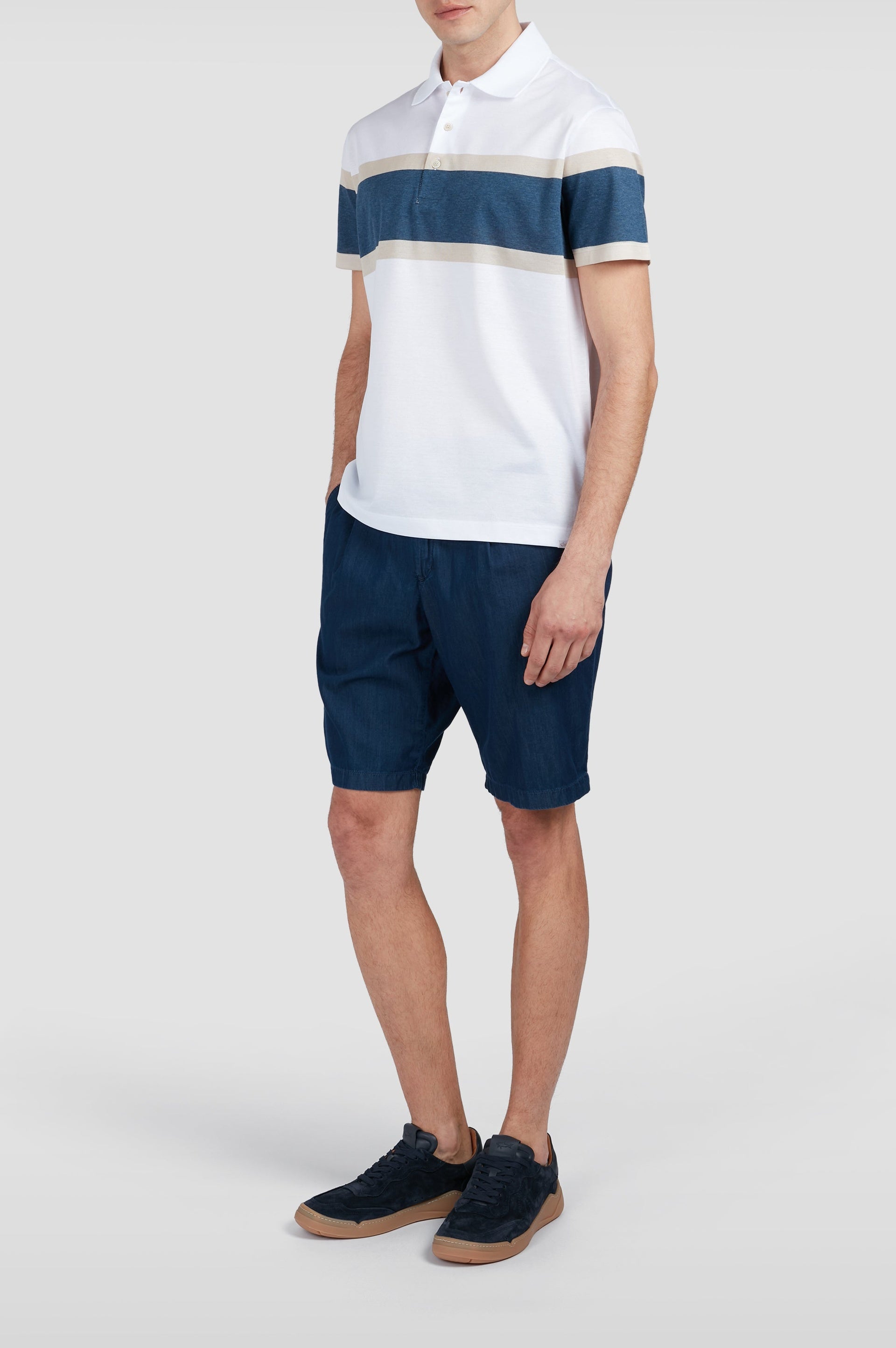 Striped button-up polo shirt - White, Beige & Air Force Blue
