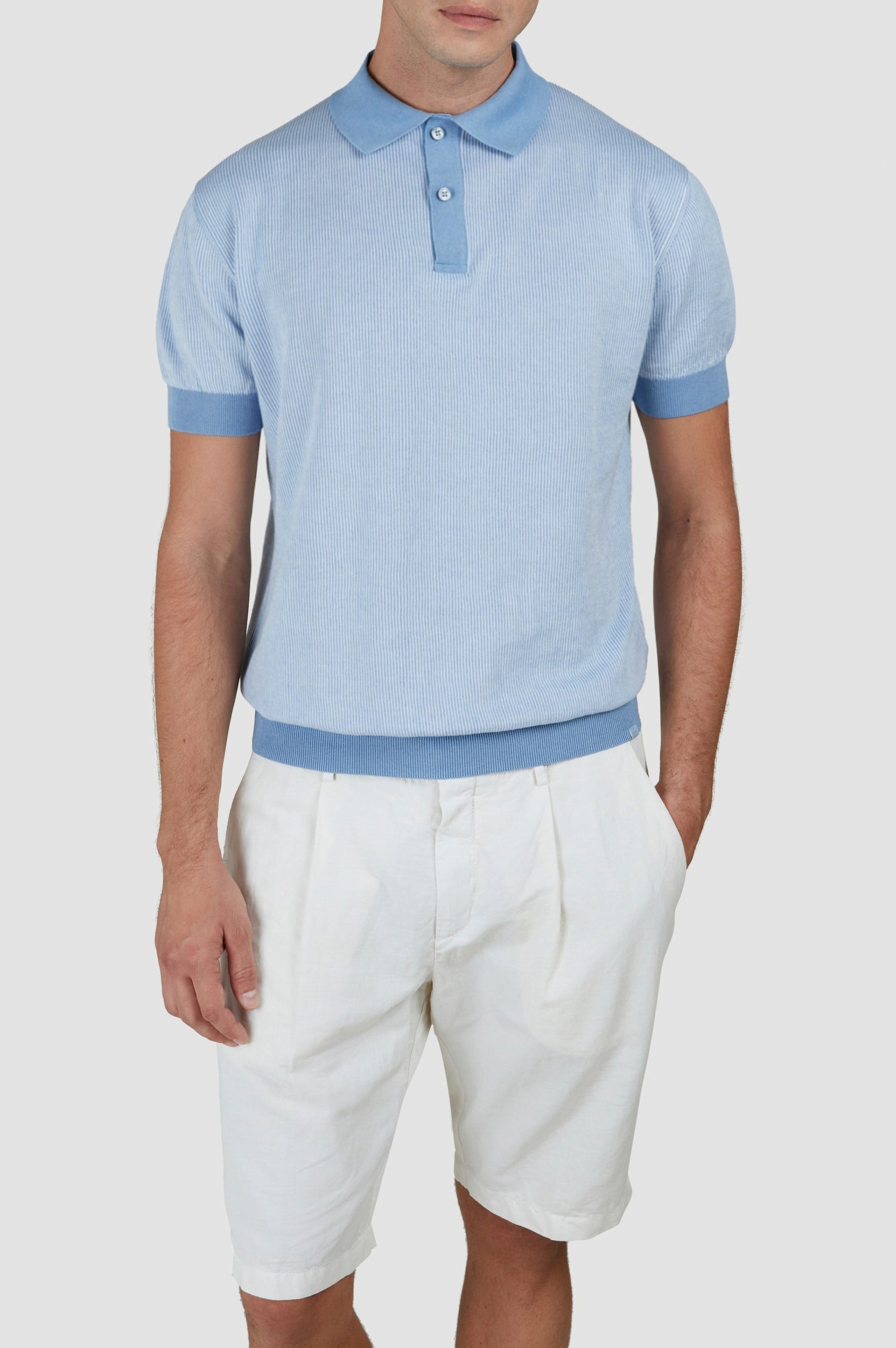 Polo en coton et cachemire - Bleu ciel & Crème