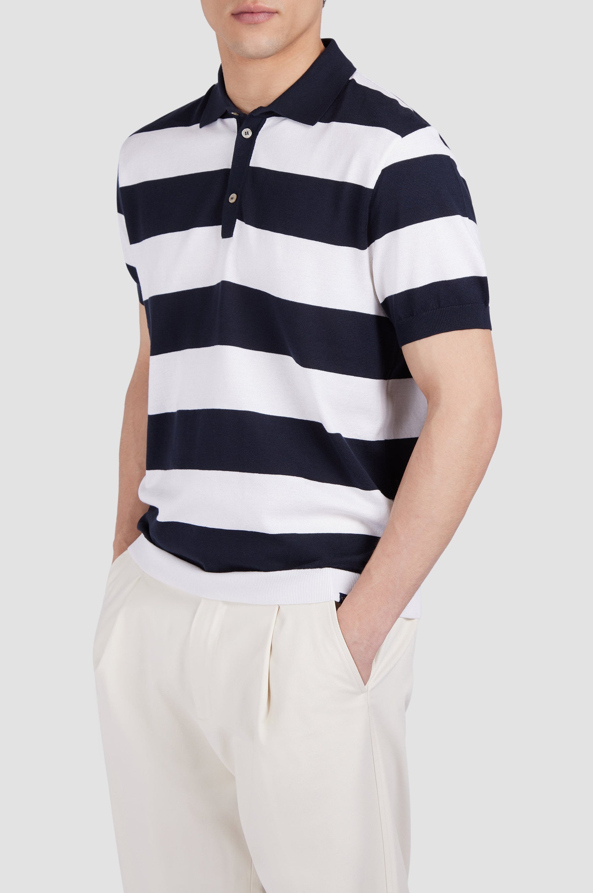Polo à rayures en soie - Bleu & blanc
