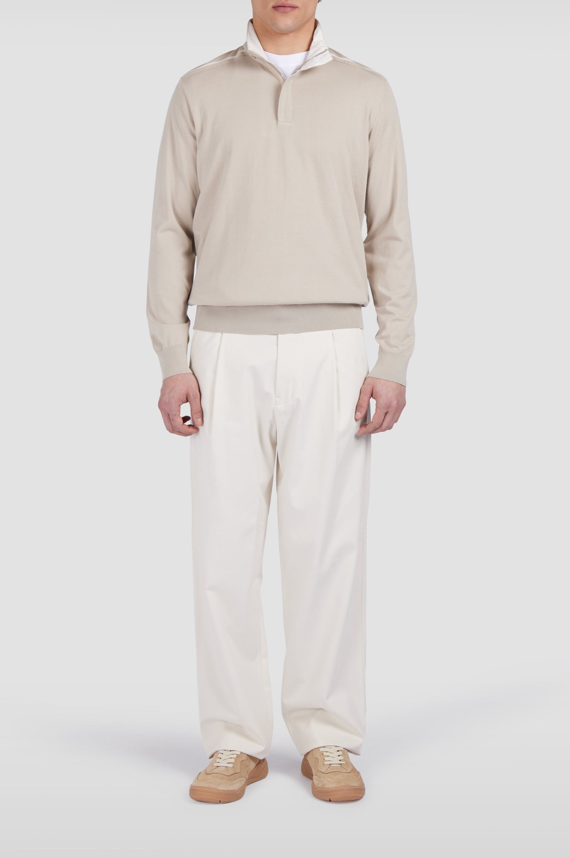 Long-sleeved half-zip jumper - Beige