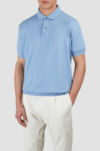 Short-sleeved knitted polo shirt - Aviator blue & tartan