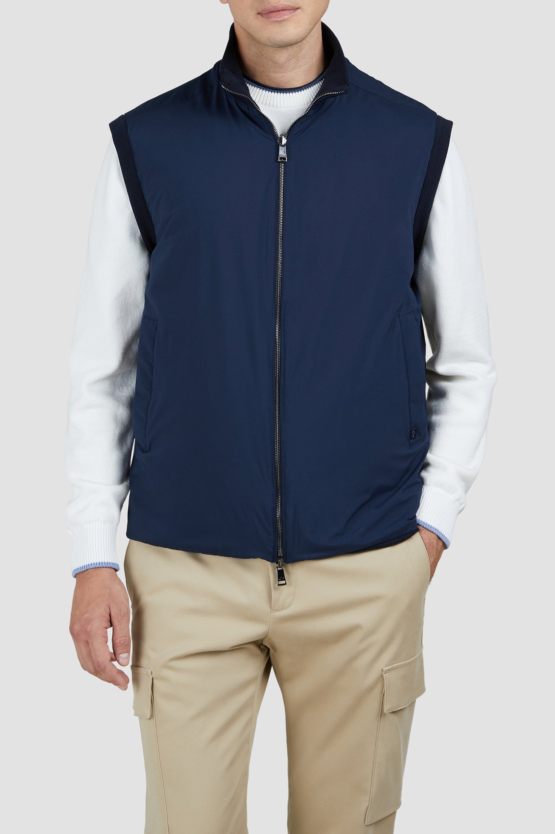 Gilet sans manches réversible en soie - Bleu damier