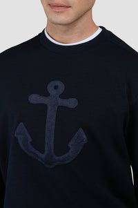 Pull à col rond avec Encre brodée - Bleu damier