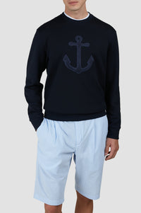 Pull à col rond avec Encre brodée - Bleu damier