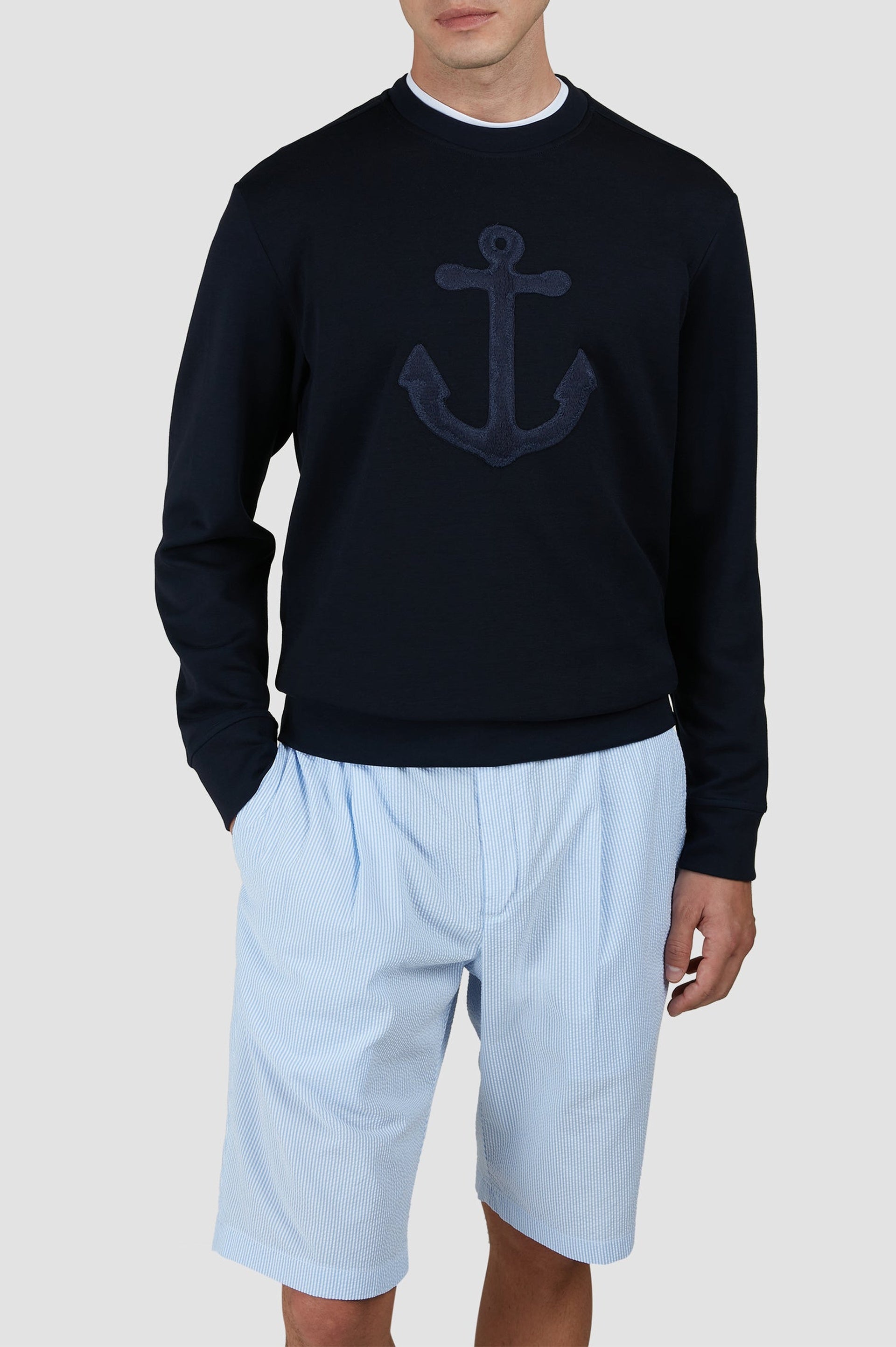 Pull à col rond avec Encre brodée - Bleu damier