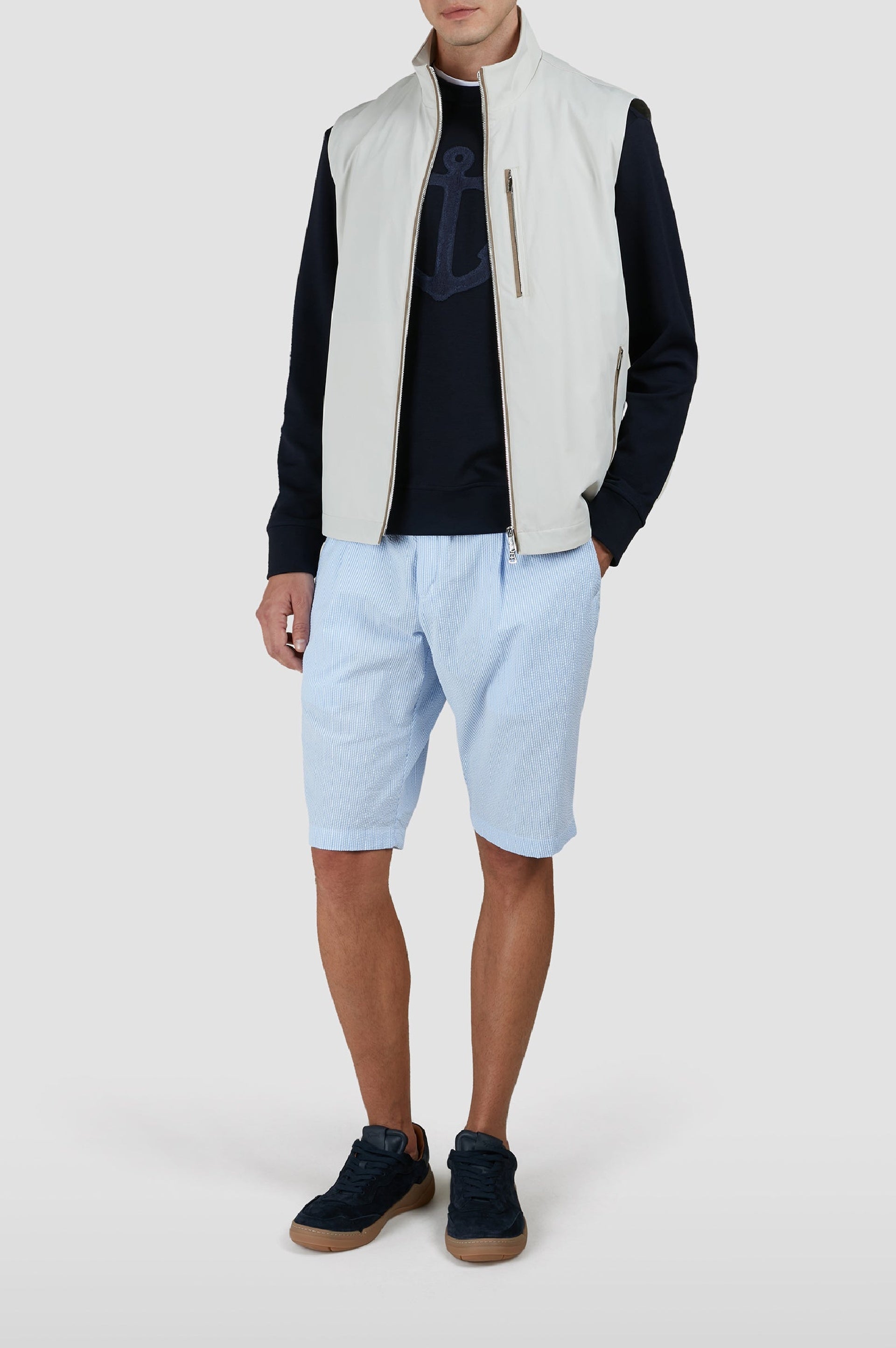 Pull à col rond avec Encre brodée - Bleu damier