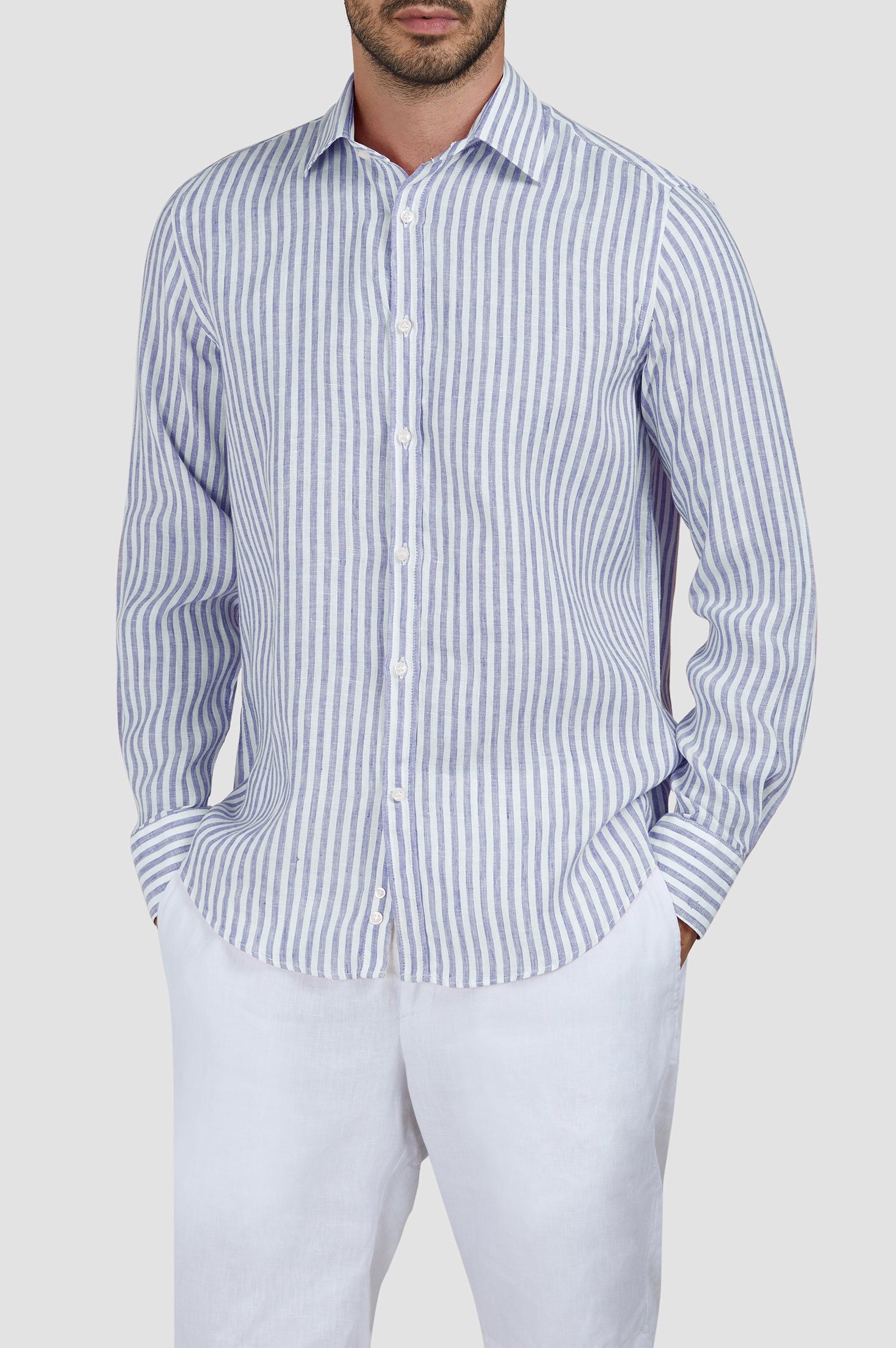 Striped linen shirt - White with blue stripes