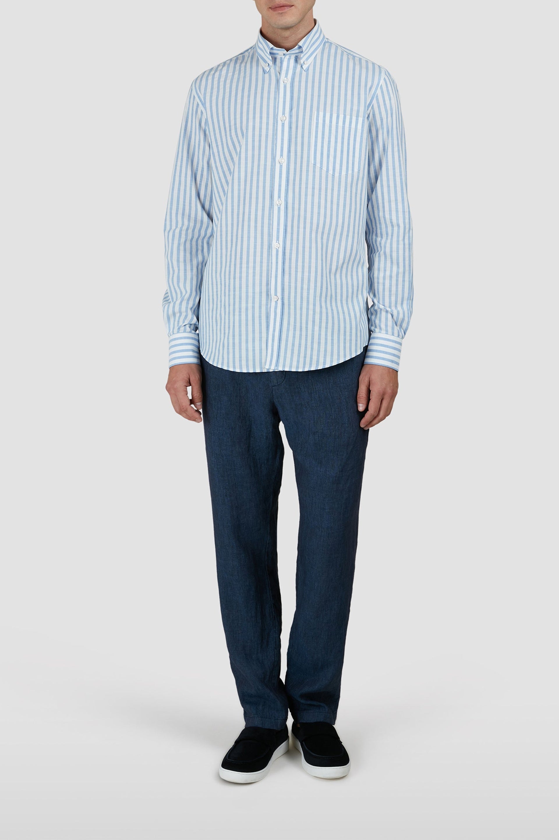 Chemise à rayures et manches longues - Blanc & Bleu clair