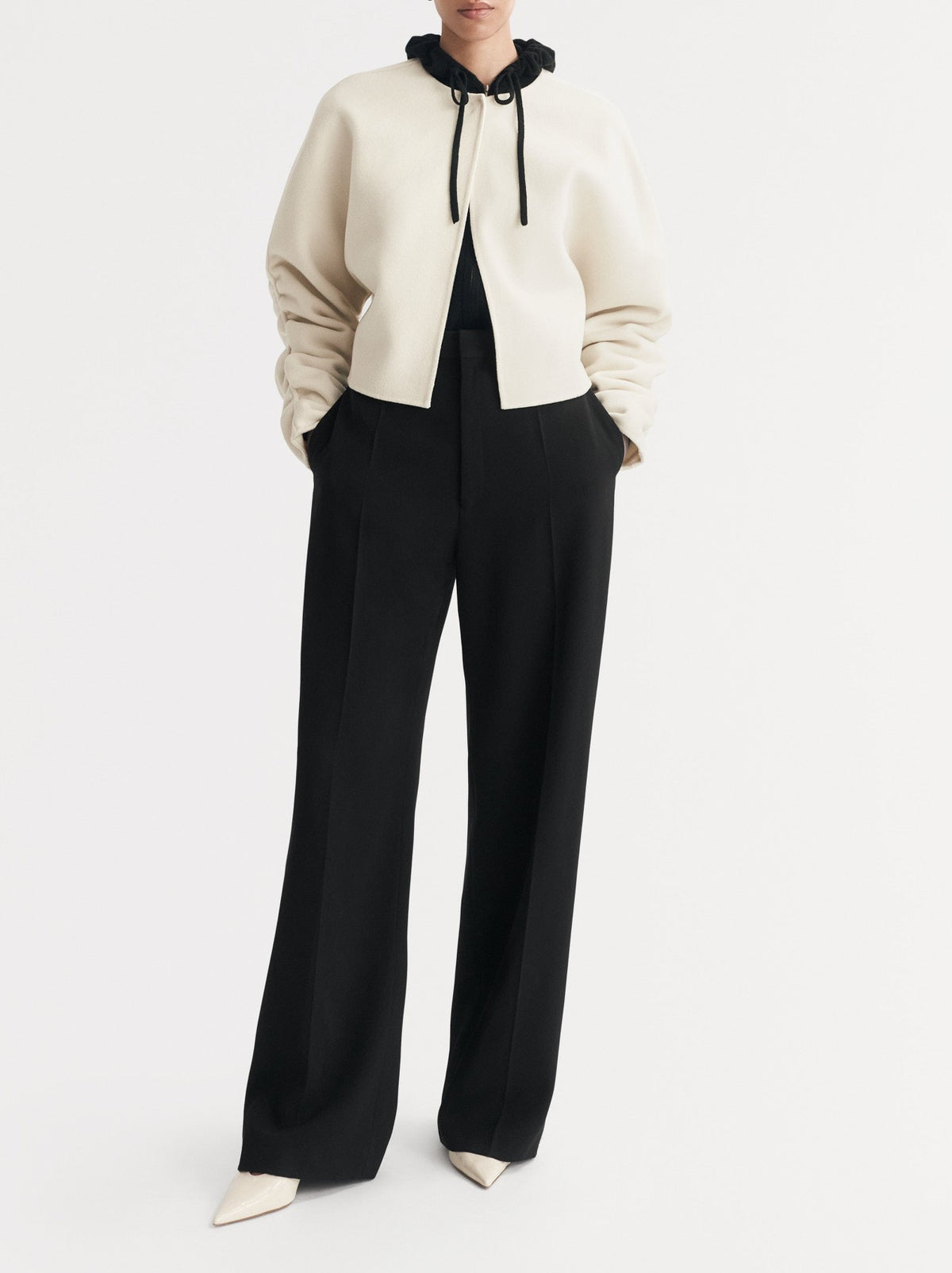 Jacket with embellished sleeves in a wool and cashmere blend - White